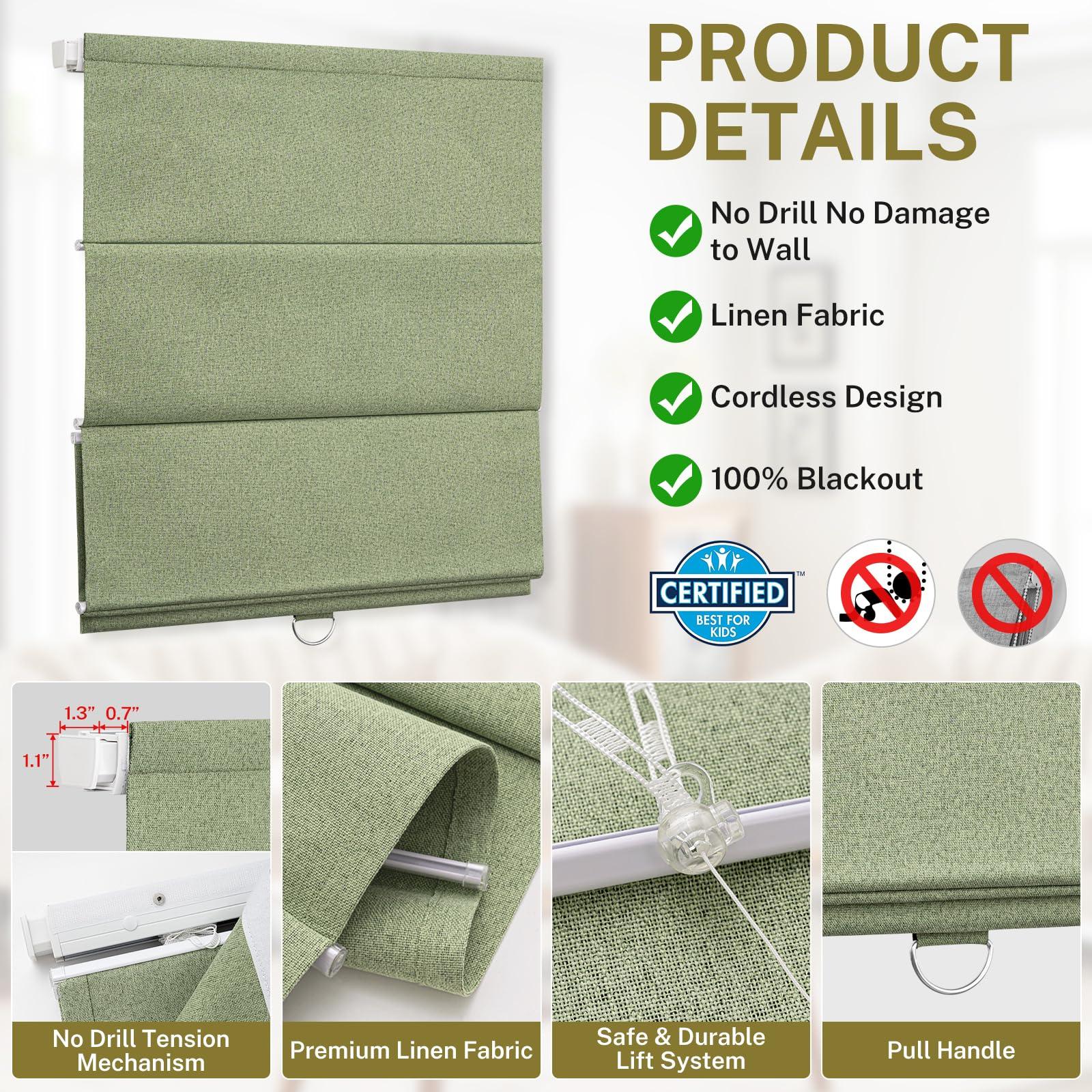 moonice Moonice No Tools No Drill Roman Shades for Windows Blackout Cordless Linen Blinds Privacy Fabric Roman Shades for Indoor Windows, Thermal Insulated Easy Install Roman Blind for Windows, Green