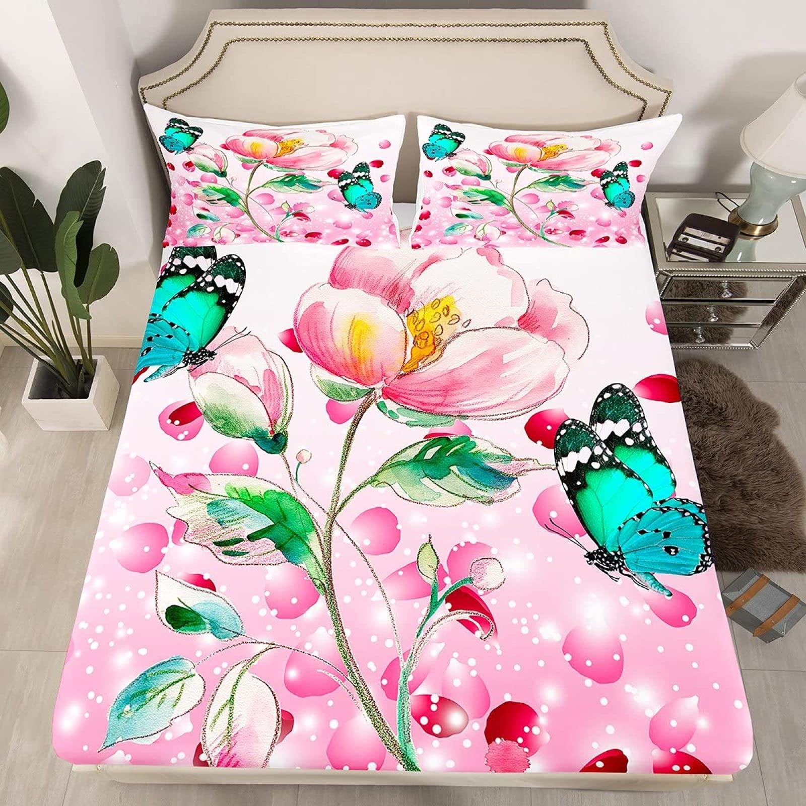 zcsm zcsm Butterfly and Floral Sheets California King Size - Pink Flower Bed Sheets, Soft Microfiber & Deep Pocket & Wrinkle Free Bedding Sheets & Pillowcases, 1 Fitted Sheet, 1 Flat Sheet, 2 Pillow Cases