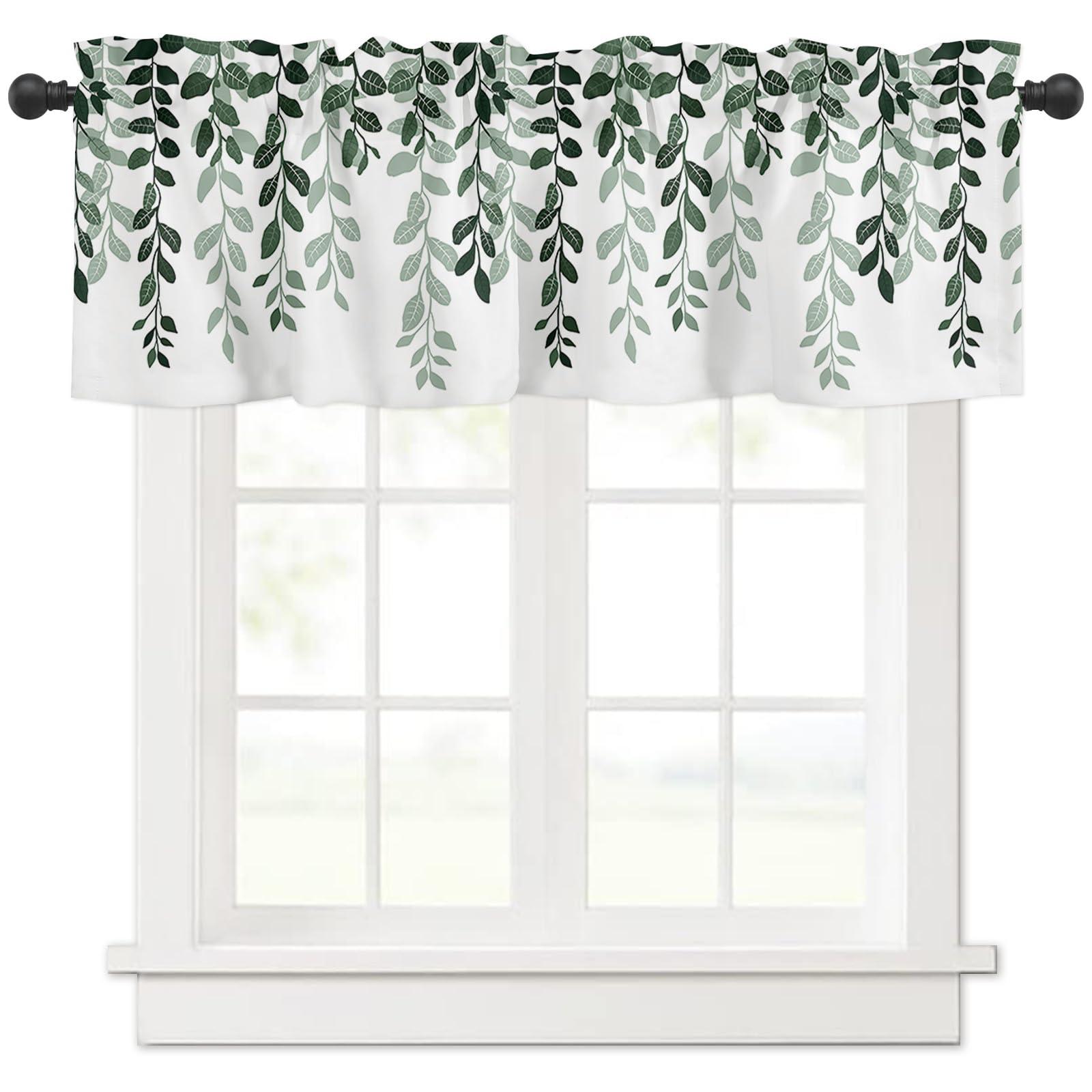 Onekaccu Onekaccu Kitchen Curtains Valances for Windows, Sage Green Leaves Valance Curtains Rod Pocket Short Curtains for Living Room Bedroom Small Window Treatment Seaonal Botanical Silhouette 60\"x18\"