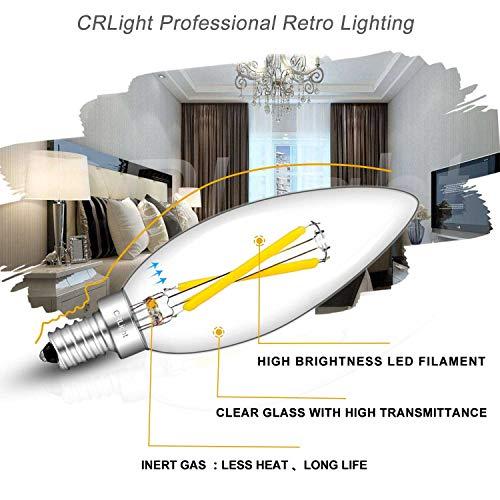 CRLight CRLight 2W 4000K LED Candelabra Bulb Daylight White 30W Equivalent 300LM, E12 Dimmable LED Chandelier Light Bulbs, Antique Style B10 Clear Glass Candle Torpedo Tip, 10 Pack