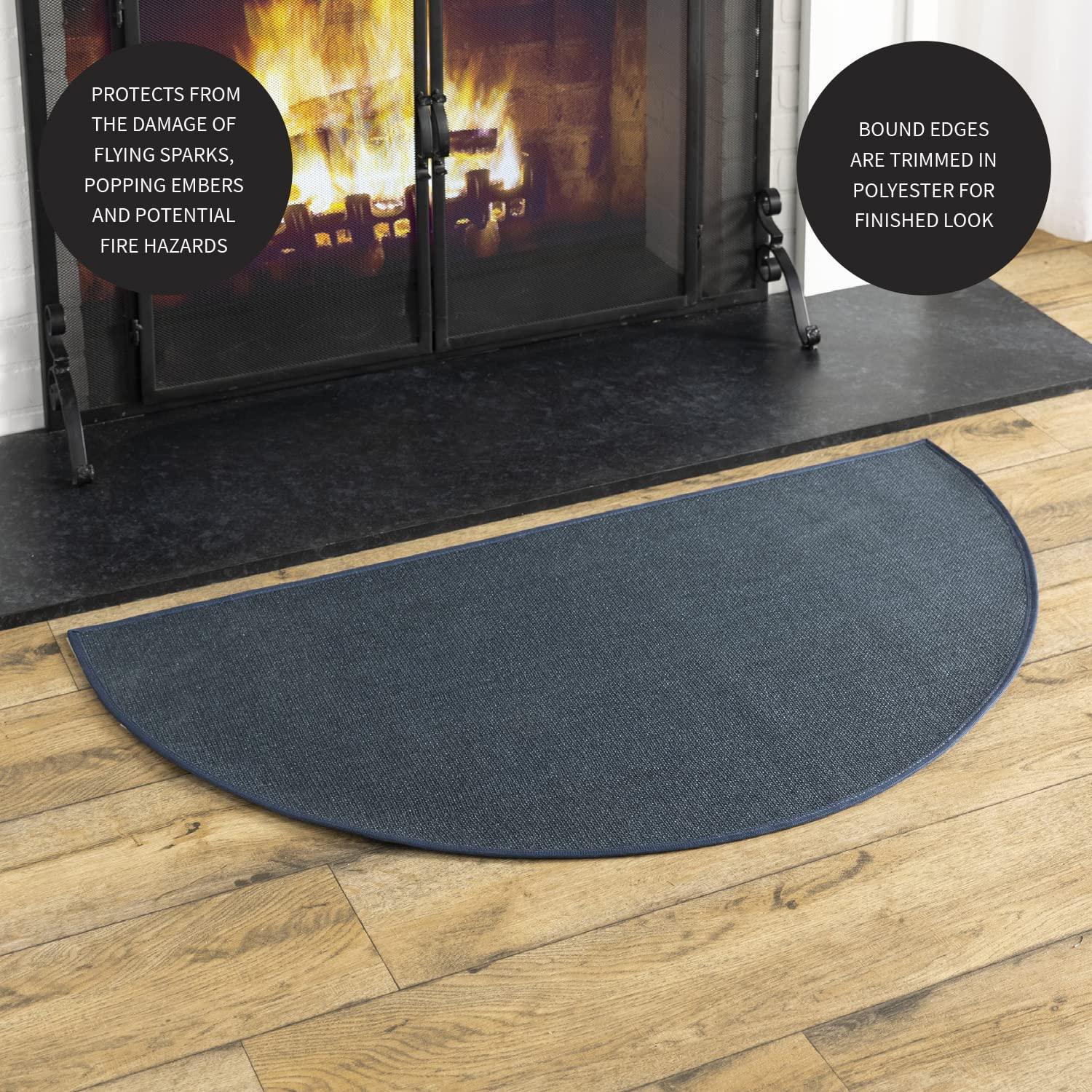 Plow & Hearth Fire Retardant Fiberglass Half Round Hearth Fireplace Area Rug Polyester Trim Non Slip Mat Low Profile Protects Floors from Sparks Embers Logs 27 W x 48 L Blue