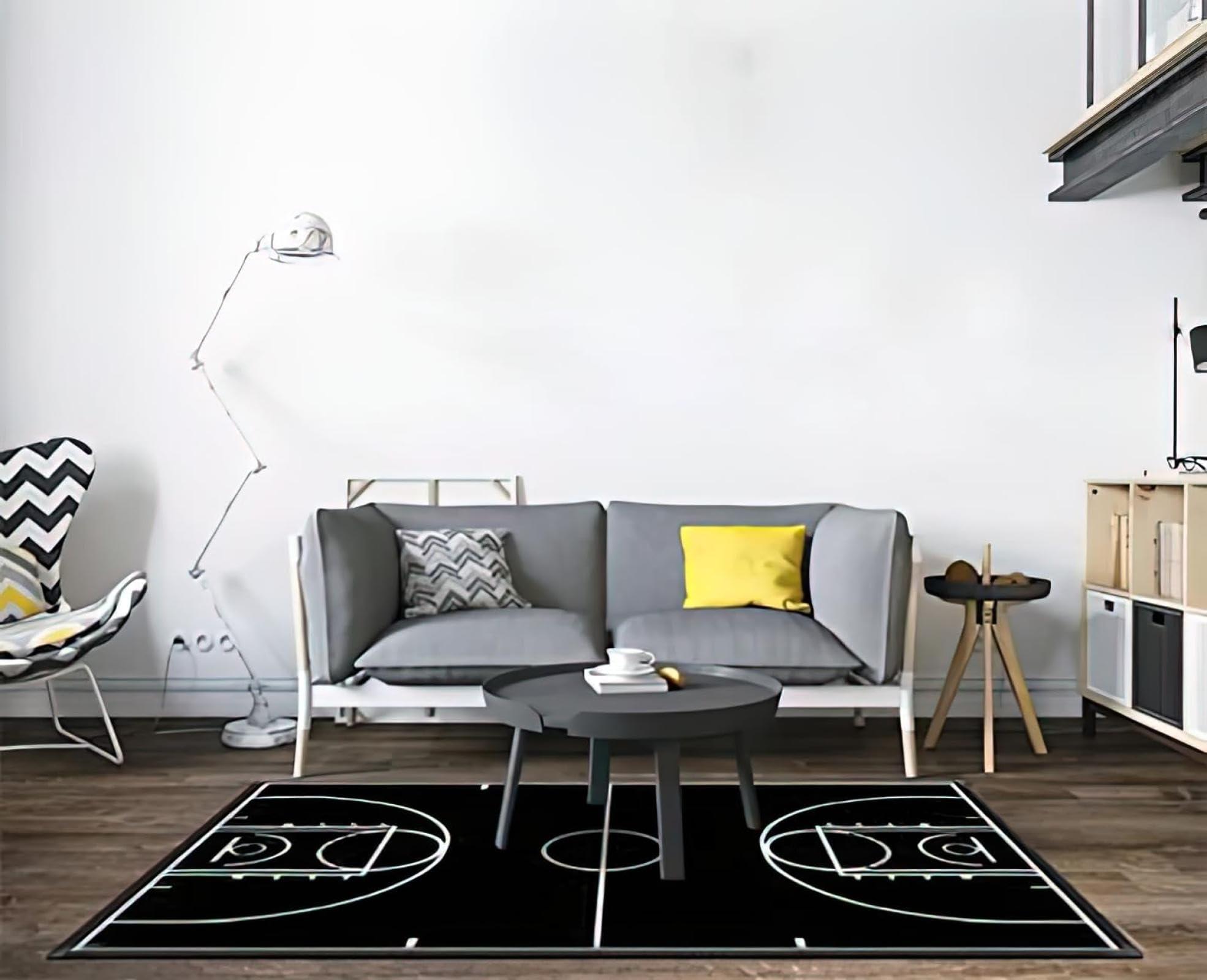 HUENEL Basketball Court Black Area Rugs, Basketball Court for Training Indoor Carpet, Easy Clean Carpet Washable Non-Slip Rug for Boys and Girls Nursery Bed Living Room Carpets Nursery Decor,5.3 x 8ft