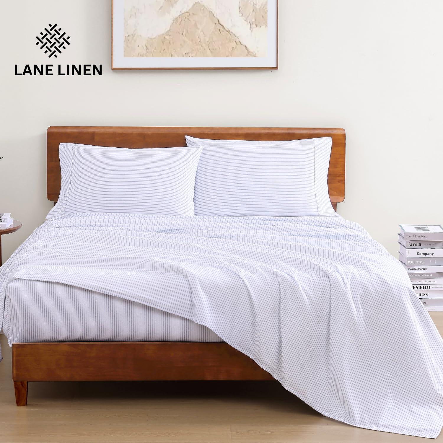 LANE LINEN LANE LINEN 100% Organic Cotton California King Sheets Set, 4-Piece Organic Cotton Long Staple Percale Weave Soft Bedding Sheets for Bed, Breathable, Fits Mattress Upto 15\" Deep - Blue Ticking Stripe
