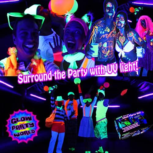 Glow Party World Black Lights for Glow Party! 115W Blacklight LED Strip kit. 4 UV Lights to Surround Your neon Party. Ultraviolet Lighting for Big Rooms. Easy Set up! Glow in The Dark Party Supplies. Fiesta Luz Negra