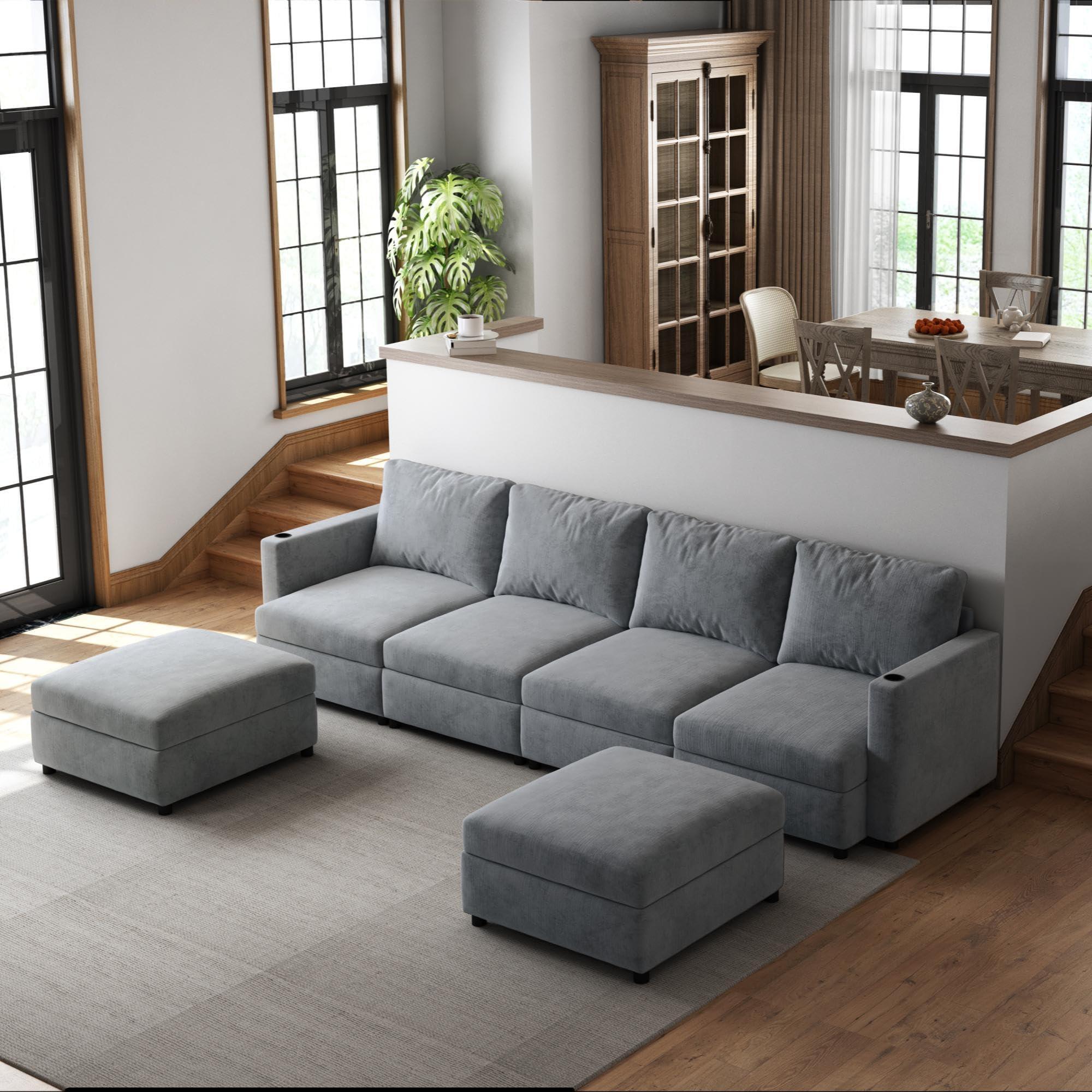 DEINPPA DEINPPA U-Shape Modular Sectional Couch with Storage Compartment, 6-Seat Sectional Sofa Couch with Ottoman, Sleeper Sectional Couch for Living Room Chenille Fabric-Grey