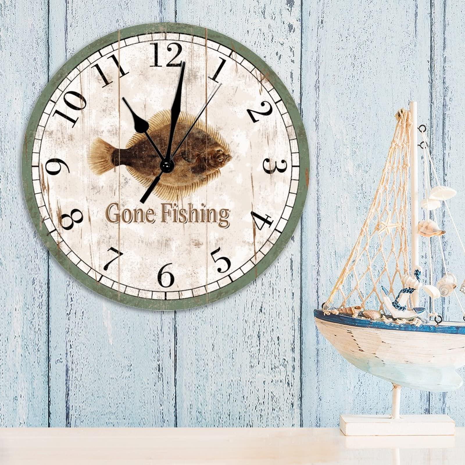 ArogGeld Go Fishing Wood Wall Clock Greenback Flounder Beach Decor Ocean Coastal Wall Clocks Quartz Battery Operated 12Inch Clock Rustic Farmhouse for Kitchen Bedroom Office Birthday Housewarming Gift