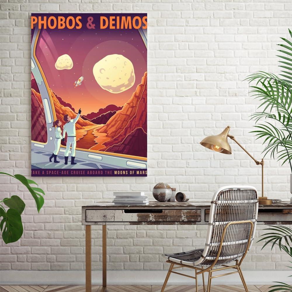 LuminDaze LuminDaze Phobos and Deimos Poster Retro Space Wall Art Outer Space Travel Picture Decoration Exoplanet Galaxy Mars Planet Exploration Art Canvas Print Retro Futuristic 20x30inch Unframed, style-14