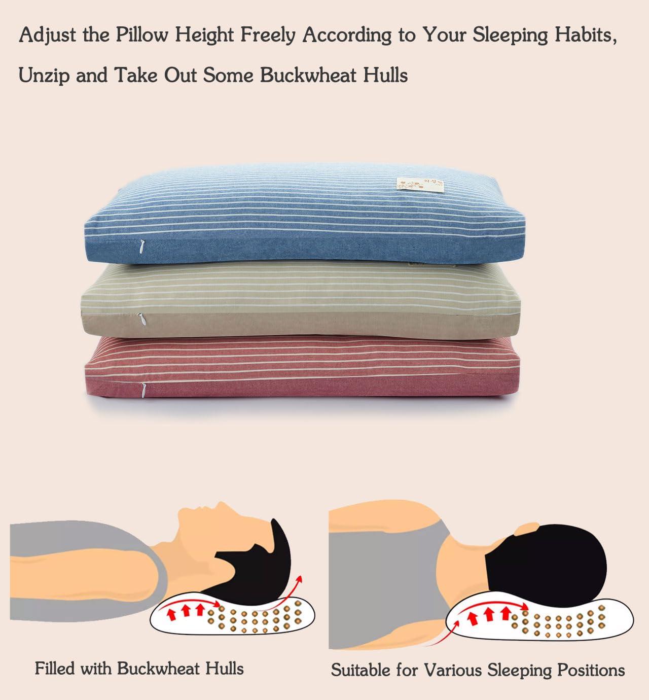 EDMILE EDMILE Buckwheat Bed Pillows for Sleeping, Firm Adjustable Pillow for Neck Pain Relief, Hard Flat Neck Support Pillow, Buckwheat Hull Meditation Cushion with Pillowcase, Blue 24\"X14\"