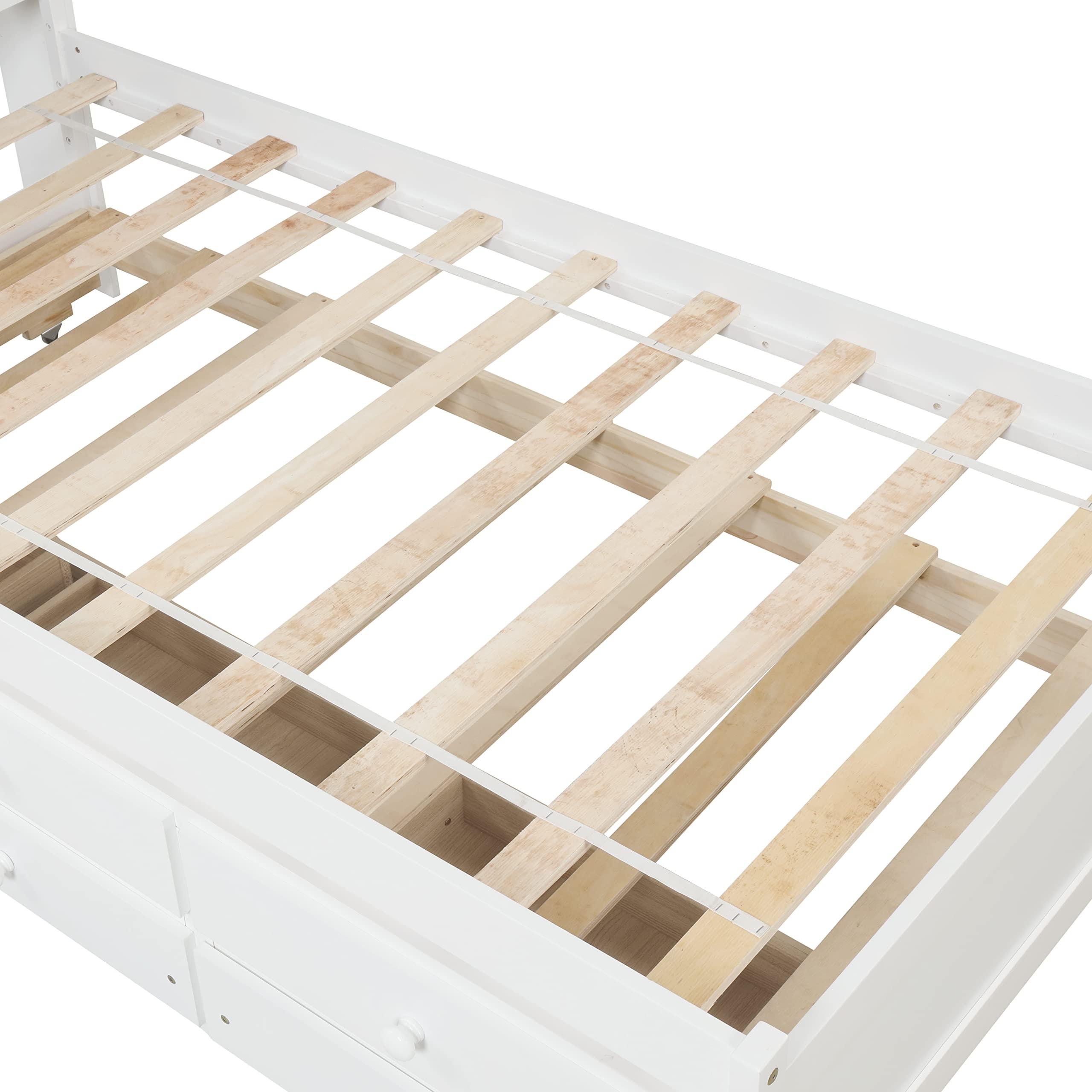 SOFTSEA SOFTSEA Twin Captains Bed with Trundle and Drawers, Twin Size Platform Bed with Bookcase Headboard, Wood Twin Storage Bed for Kids Teens Adults, White