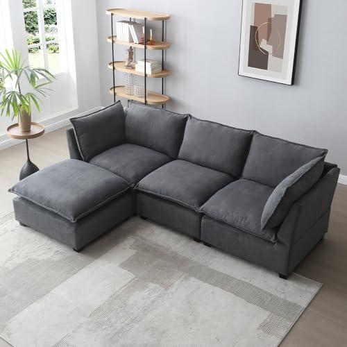 LyuHome 99.3" Modular Sectional Sofa Couch for Living Room, Modern 5-Seat Linen Fabric Sofa Couch Set with Convertible Ottoman,L-Shape Sofa Freely Combinable Sofa for Home Apartment Office, 2 Pillows, Grey