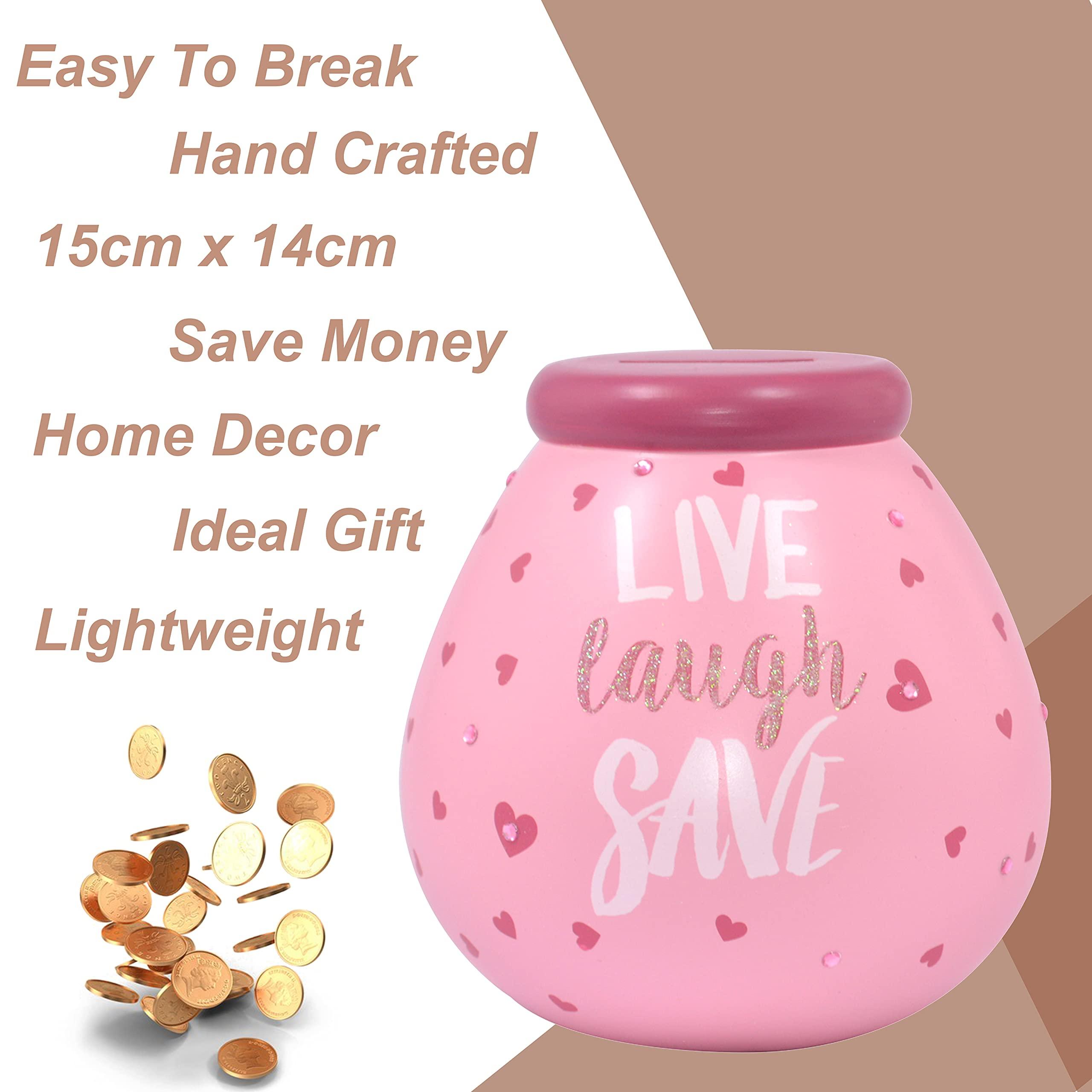 Pot Of Dreams Pot of Dreams Hand Painted Live Laugh Save Pink Save And Smash Handcrafted Ceramic Money Box | Eco Freindly & Recyclable Piggy Bank | Perfect Decorative Gift and Save for Self Care & Holdiays