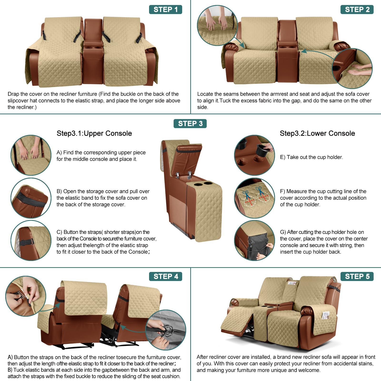 Ruaozz Ruaozz Waterproof Recliner Loveseat Cover with Console Non-Slip Couch Covers for Reclining Couches Pet Cover for Double Recliner Sofa Cover with Elastic Straps for Kid Dogs Pets (Sand, 2 Seater)