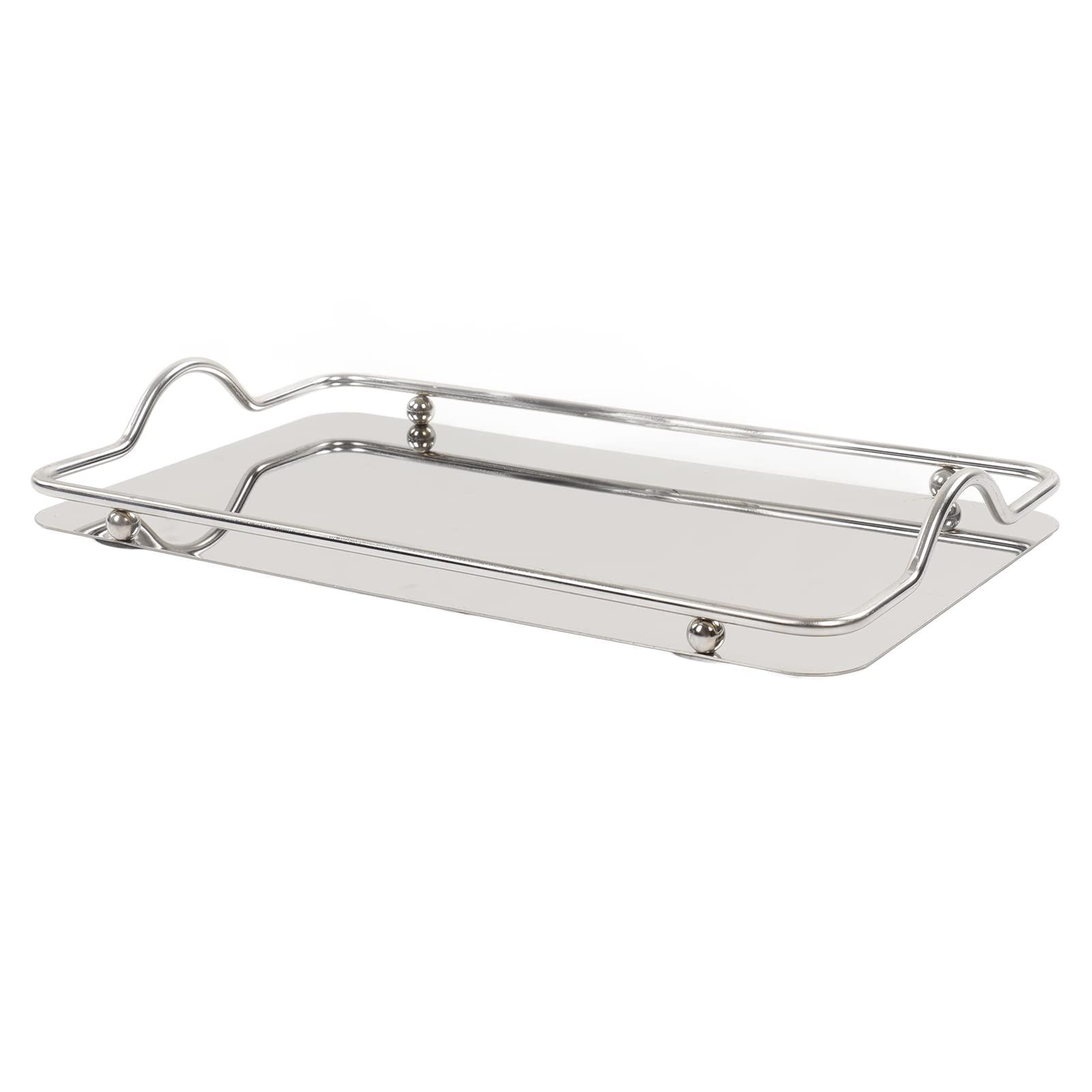 Sempoda Large Rectangular Tray with Handle, Exquisite Stainless Steel Tray, Simple Silver Storage Tray for Home Living Room Business, Convenient Multifunctional Holiday Food Tray