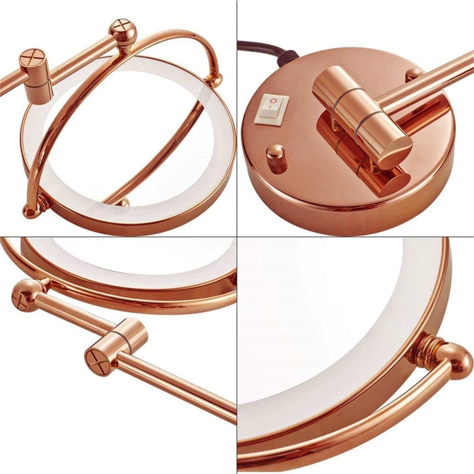 DMNSDD Double Sided Makeup Mirror with Lights and Magnification, 8 inch Brass Bathroom Wall-mounted LED Vanity Mirror, 360 Swivel Extendable Mirror,Rose gold,10X