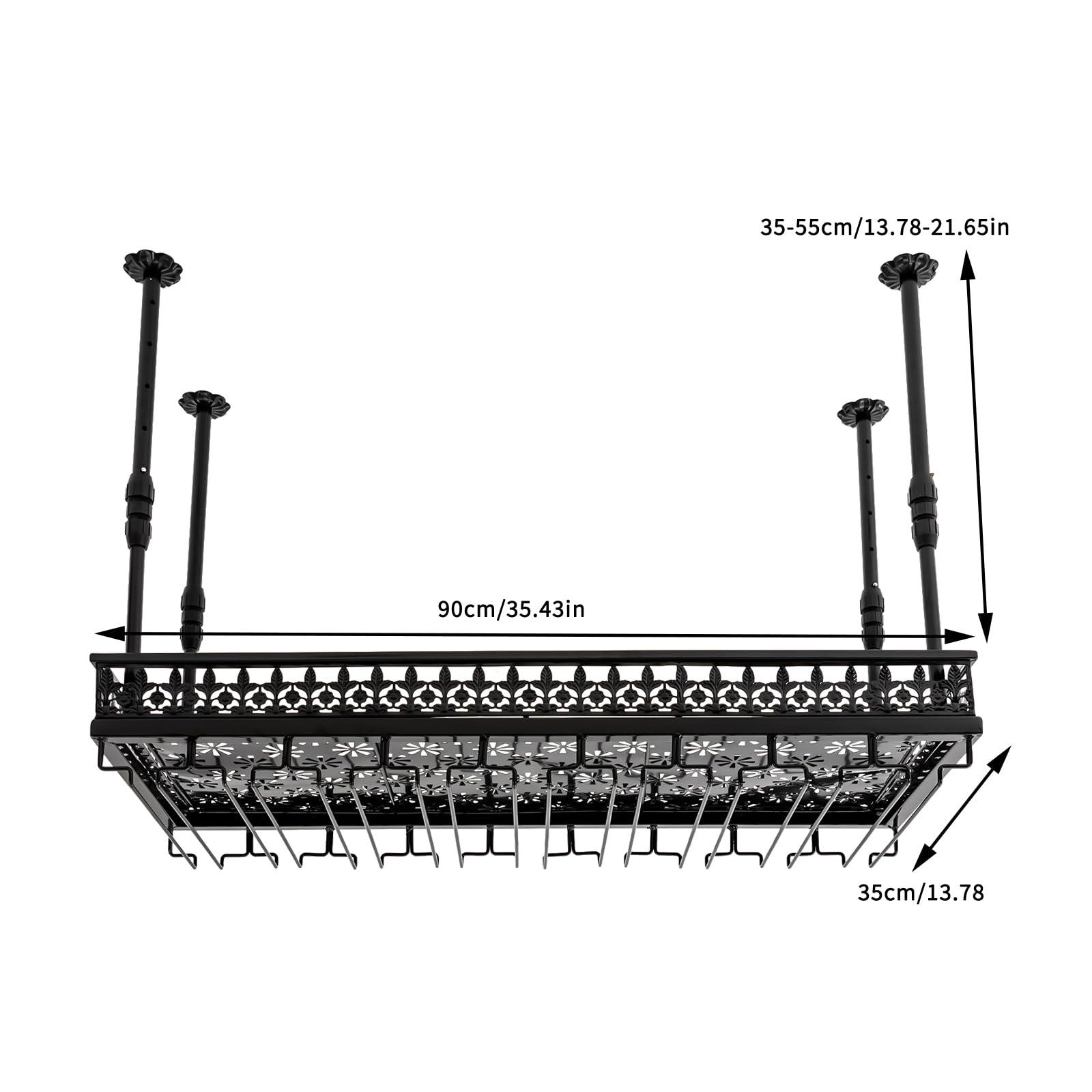 CNCEST Black Vintage Wine Glass Rack, 13.78\"- 21.65\" Height Adjustable Ceiling Mounted Hanging Wine Bottle Holder Stemware Hanger Rack Metal Bar Floating Shelf for Bar Kitchen, Capacity: 36 Goblets(L: 90cm)