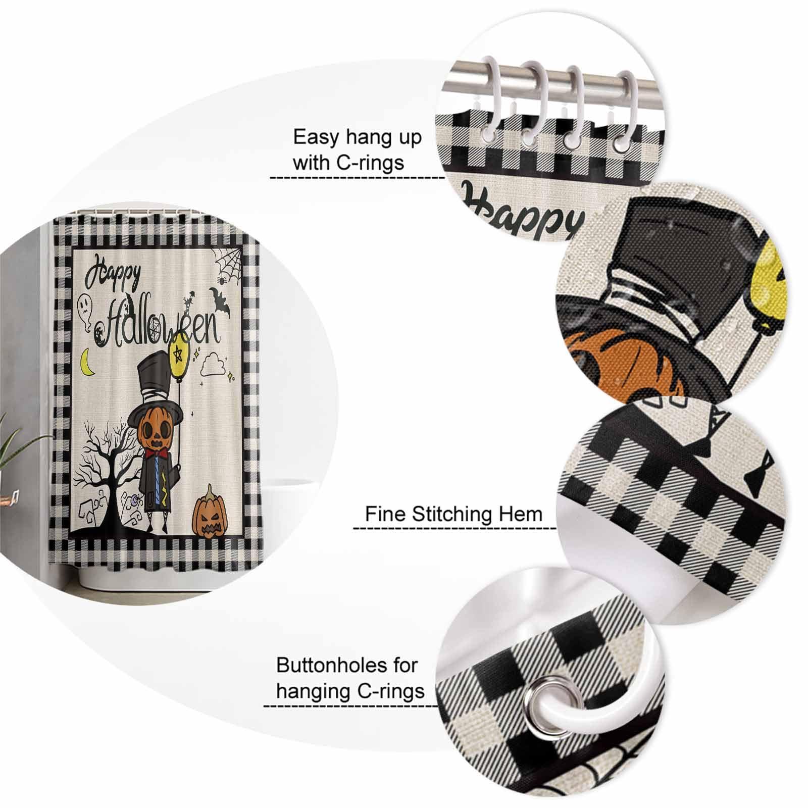 Prime Leader Halloween Shower Curtain for Bathroom Happy Halloween Pumpkin Skull Farmhouse Buffalo Plaid Waterproof Shower Curtain Set with 12 Hooks Washable Shower Curtains for Bathtubs Hotel 36\" x 78\"