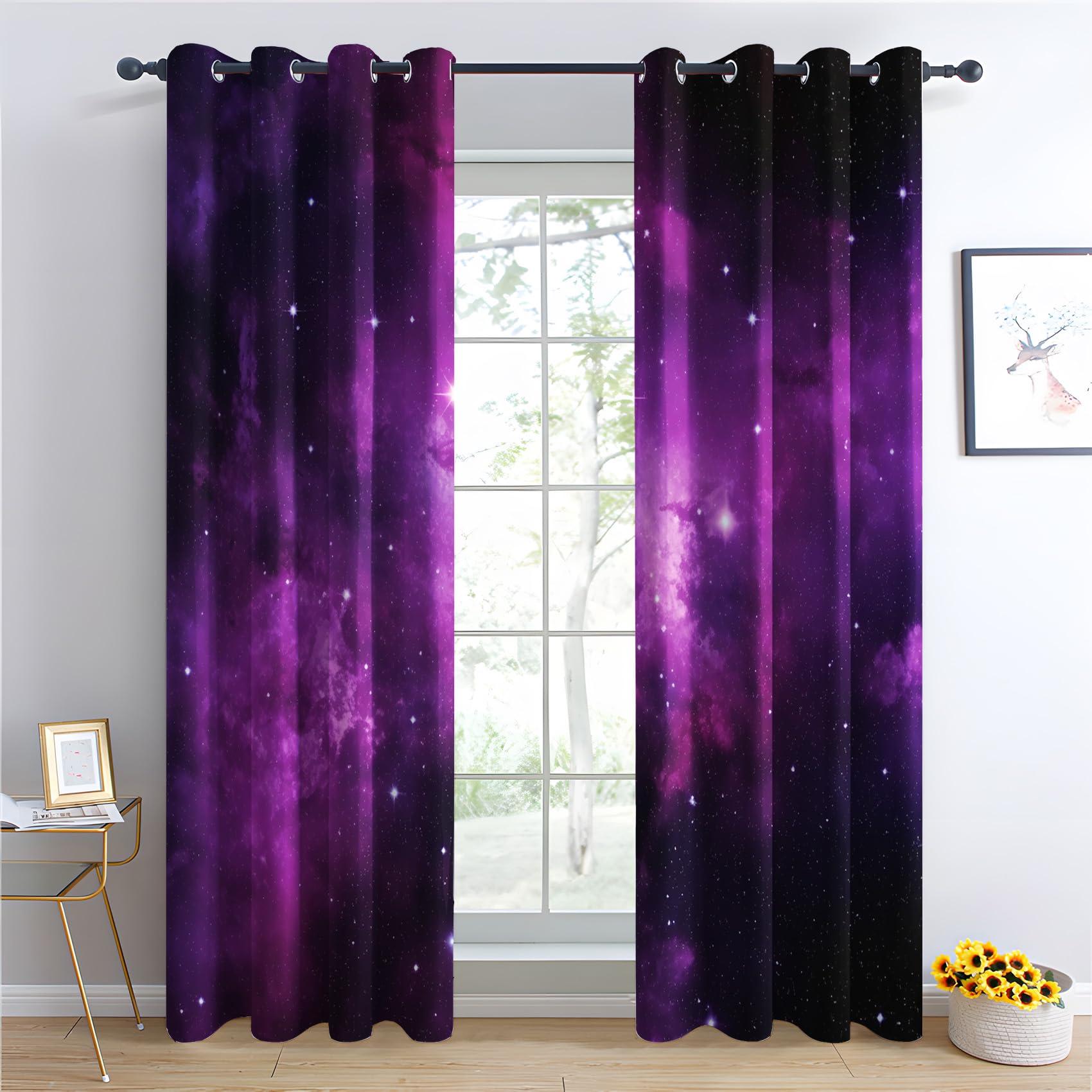 Phtbz Purple Galaxy Blackout Curtains for Bedroom Living Room, Outer Space Curtains & Home Decor, Fantasy Starry Sky Window Curtains, Thermal Room Darkening Grommet Drapes, 45 Inch Curtains 2 Panel Set