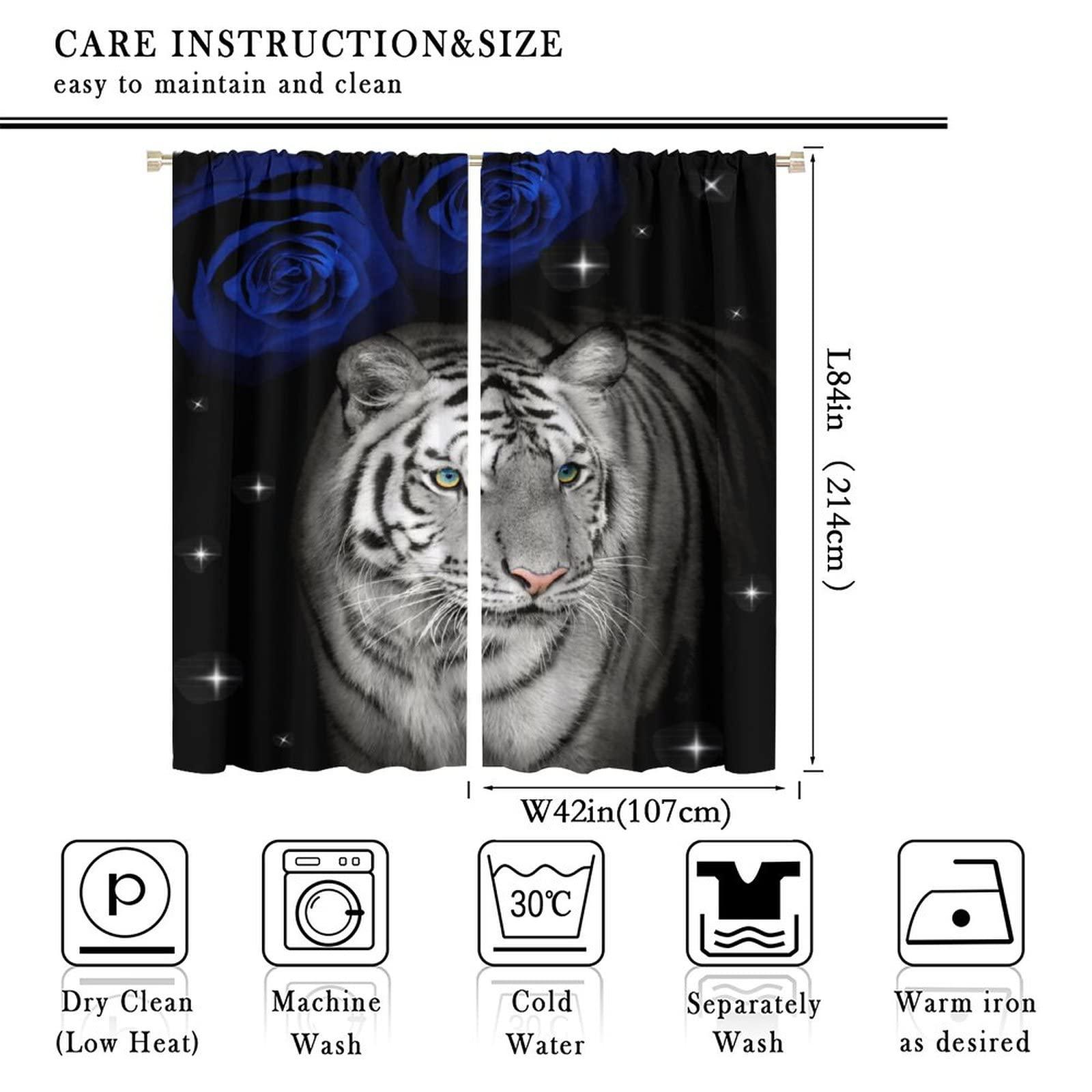 YCness Tiger Curtain for Bedroom, Blue Rose Leopard Kid Curtains Africa Wildlife Animal Theme Window Treatment, White Tiger Flower Drapes 2 Panel Sets,84x84 Inch