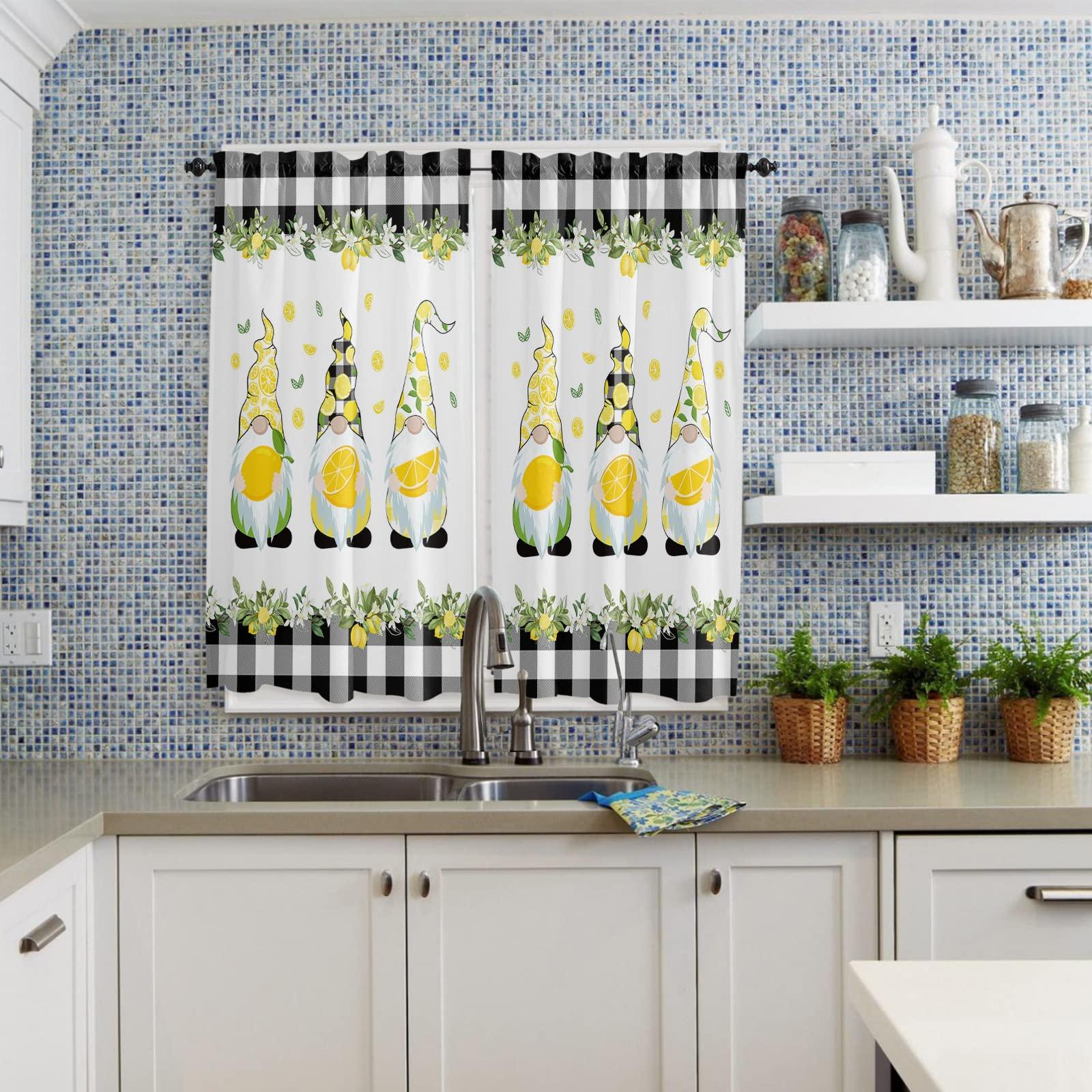 Jolunifun Kitchen Curtain 63 Inch Length, Summer Lemon Gnomes Farm Buffalo Check Border Window Curtains and Drapes for Cafe/Living Room, , 2 Panel Window Treatment Rod Pocket Drapery Panels Curtains 84x63