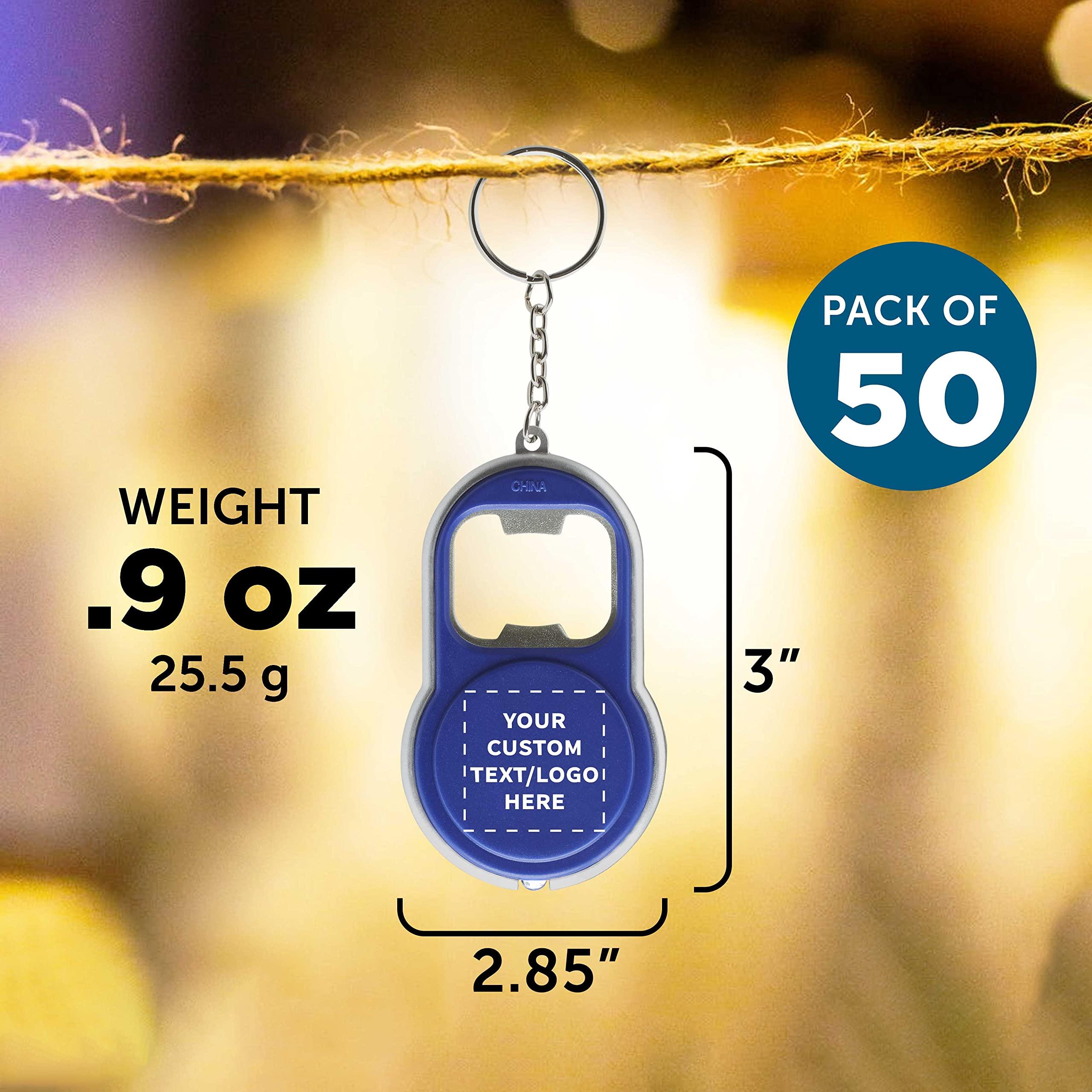 DISCOUNT PROMOS DISCOUNT PROMOS Custom Bottle Opener & LED Keychains Set of 50, Personalized Bulk Pack - Perfect for Tradeshows, Party Favors, Other Events - Blue