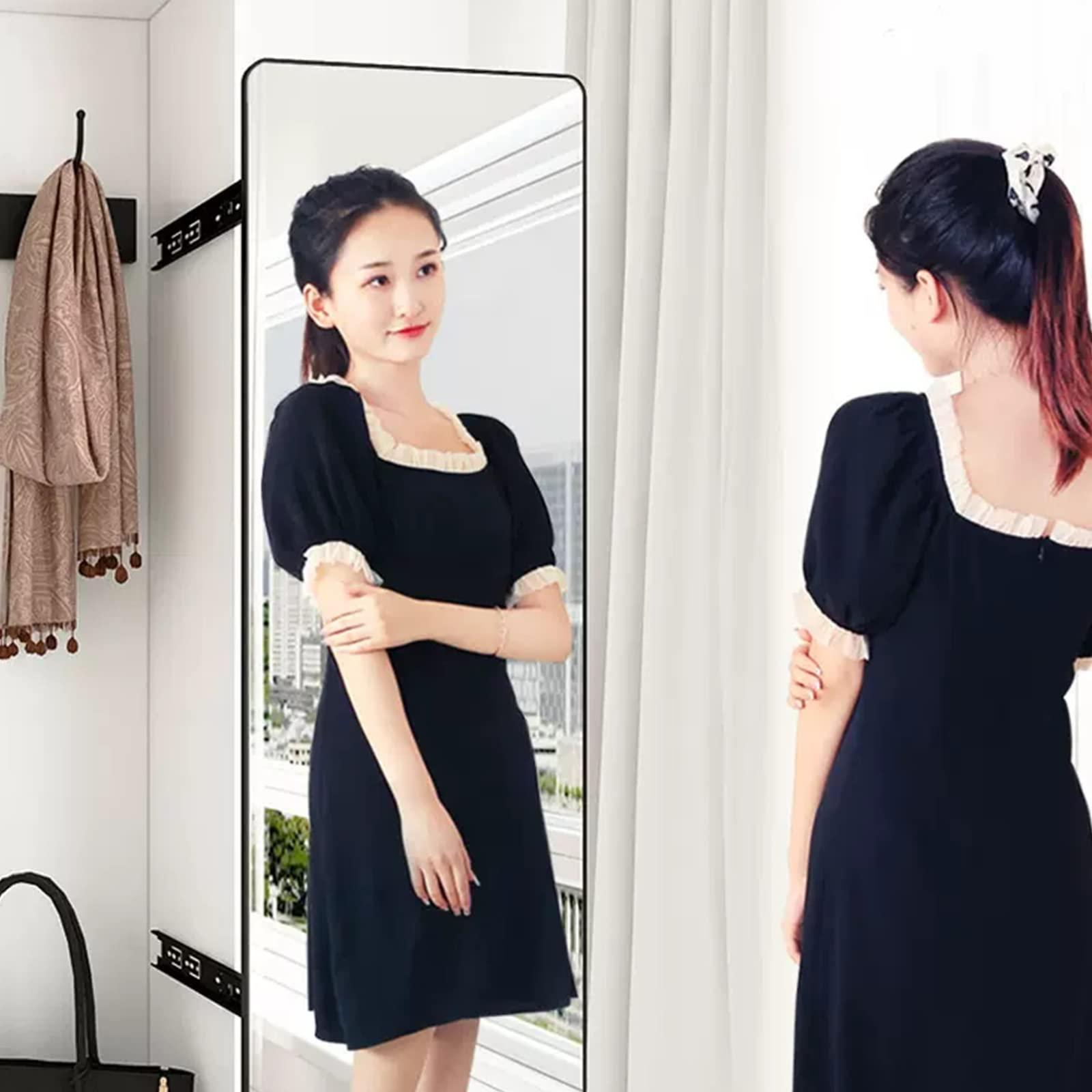 QQXX QQXX Full Length Invisible Pull-Out Mirror, Push-Pull Telescopic Sliding Rotating Vanity Mirror,Standing Bracket Wall-Mounted Mirror for Wardrobe Full Body Mirror(100x40cm(39x16in), Black)