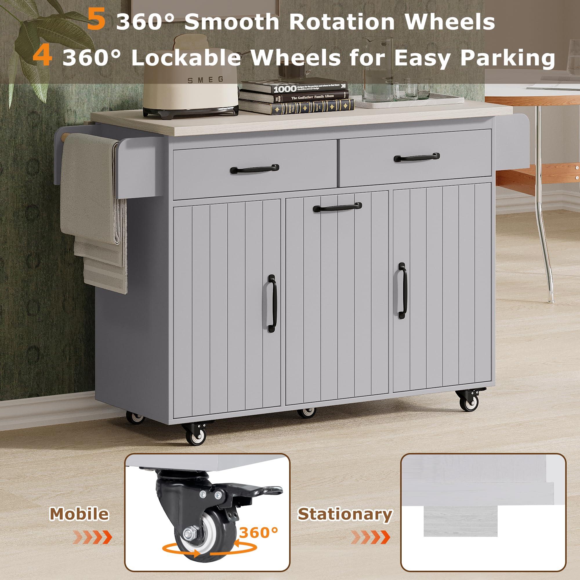 VilroCaz VilroCaz Wood Kitchen Island with Trash Can Storage Cabinet, Kitchen Cart with Drop Leaf, Spice Rack, Towel Rack and Drawer, Rolling Kitchen Island on Wheels with Adjustable Shelf (Grey-K6)
