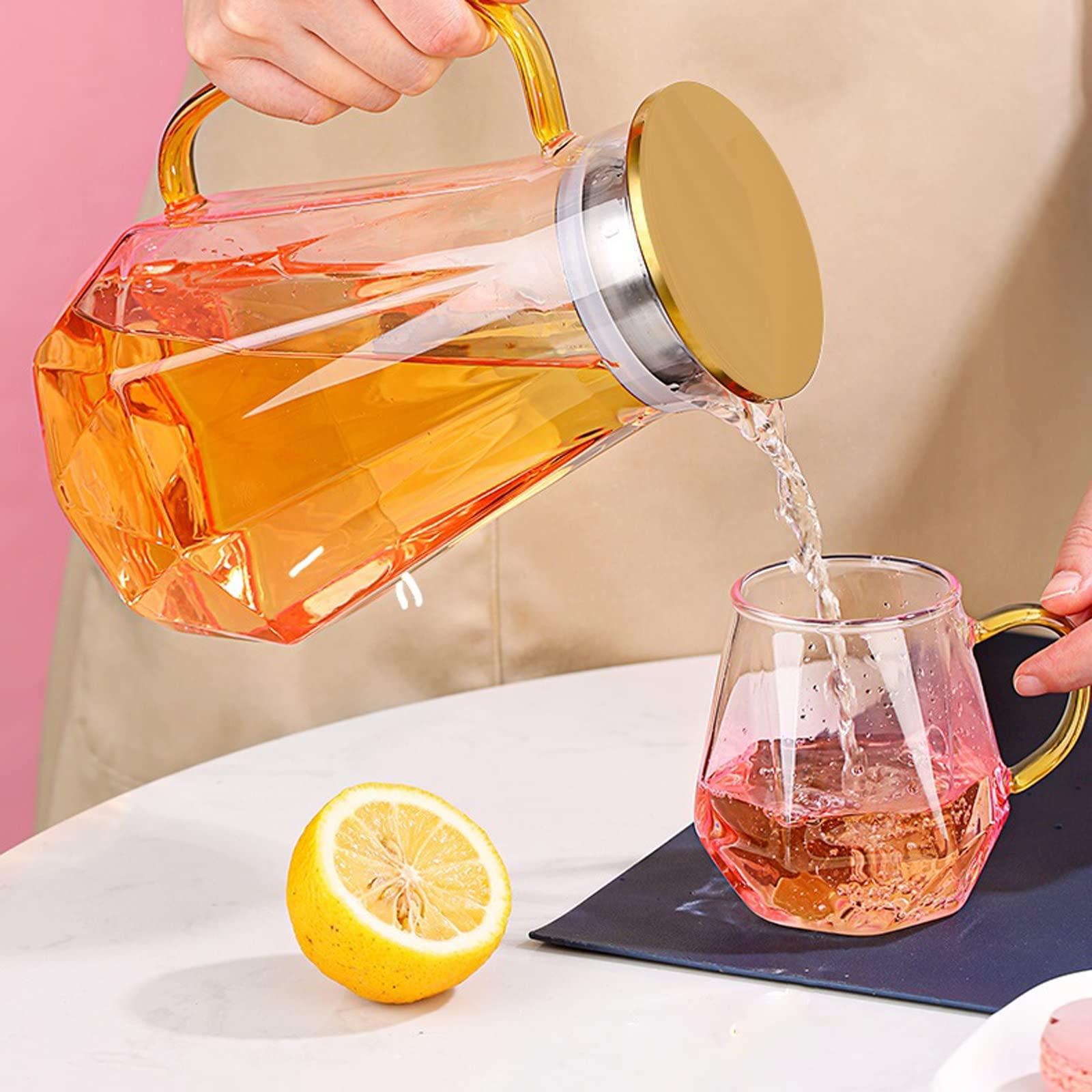 FACMAS Pitchers Beverage Pitchers Creative Glass Water Kettle Set Brings Mug Tray 1500ml Pink Clear Pitcher Flower Fruit Tea Set Afternoon Teatime Drinkware for Juice Milk Cold or Hot Beverages (Color : A)