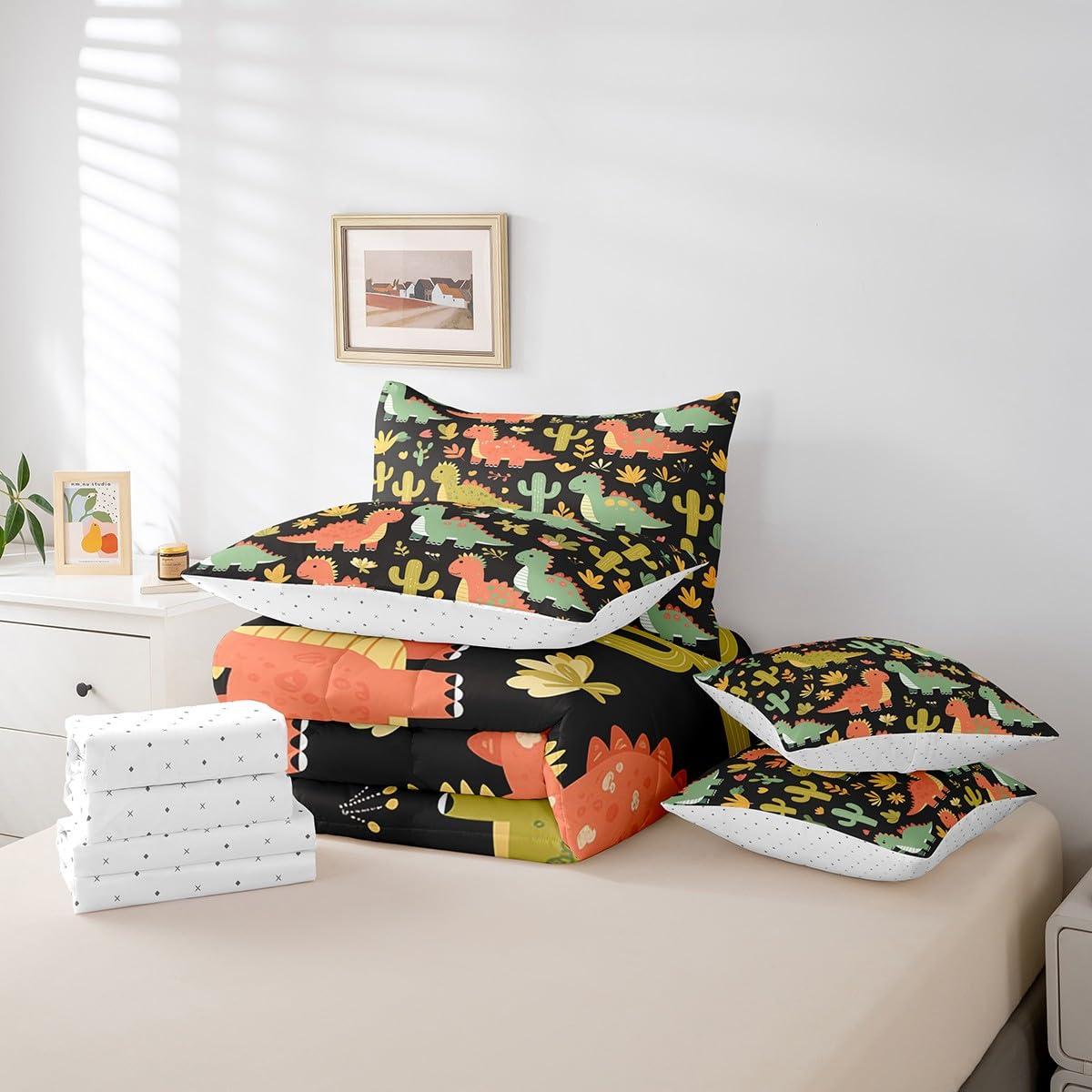 Feelyou Feelyou Kids Boys Dinosaur Comforter Set with Sheets Cute Dinosaur 7 Piece Bedding Set King Size for Kids Boys Girls Lovely Dinosaur Printed Bed in a Bag Green Dinosaur Bed Set