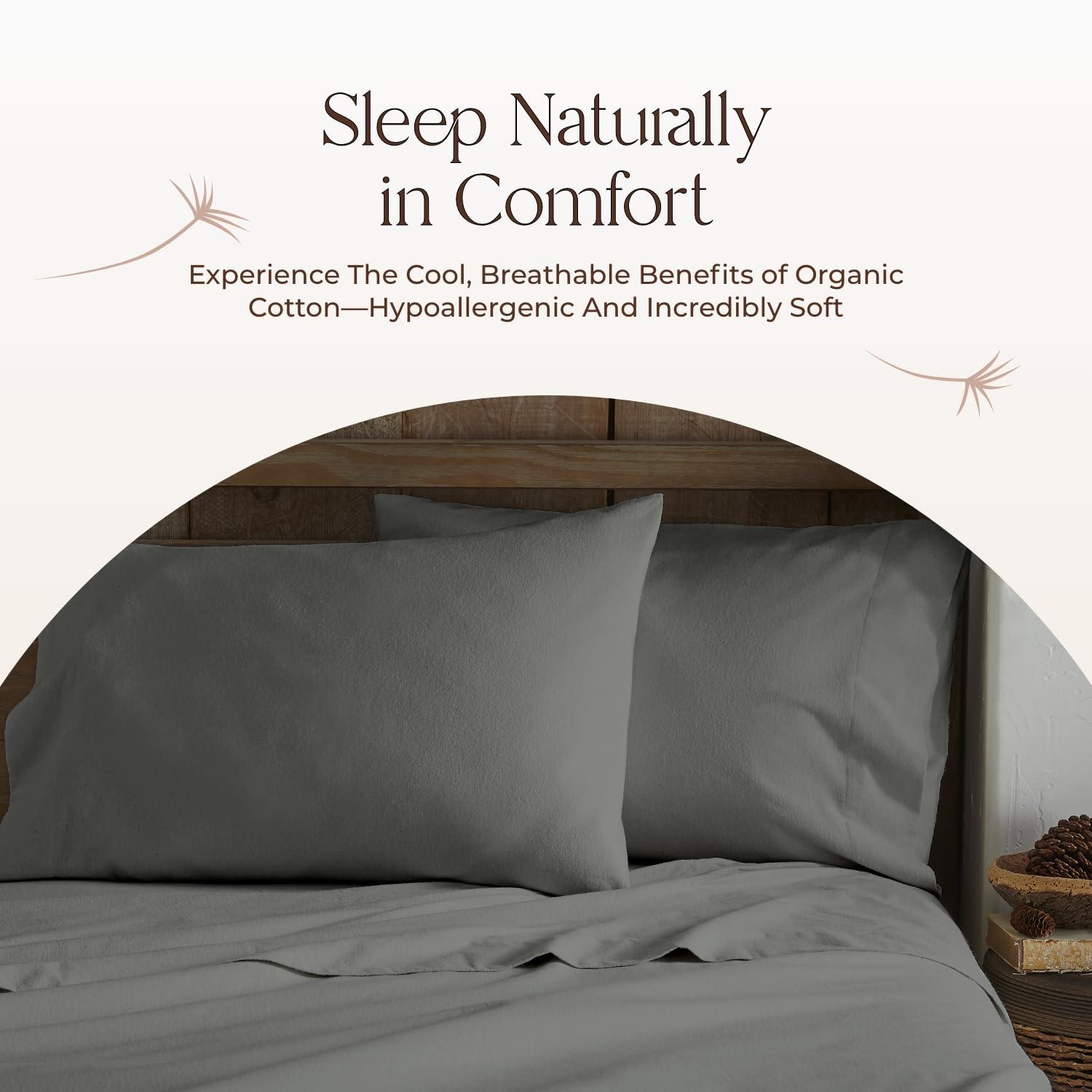 Whisper Organics 100% Organic Flannel Sheets King Size - GOTS Certified 100% Cotton Flannel Sheets Set with Comfortable Soft Brushed Finish & Deep Pocket - 1 Flat 1 Fitted & 2 Pillowcases (Dark Gray, King)