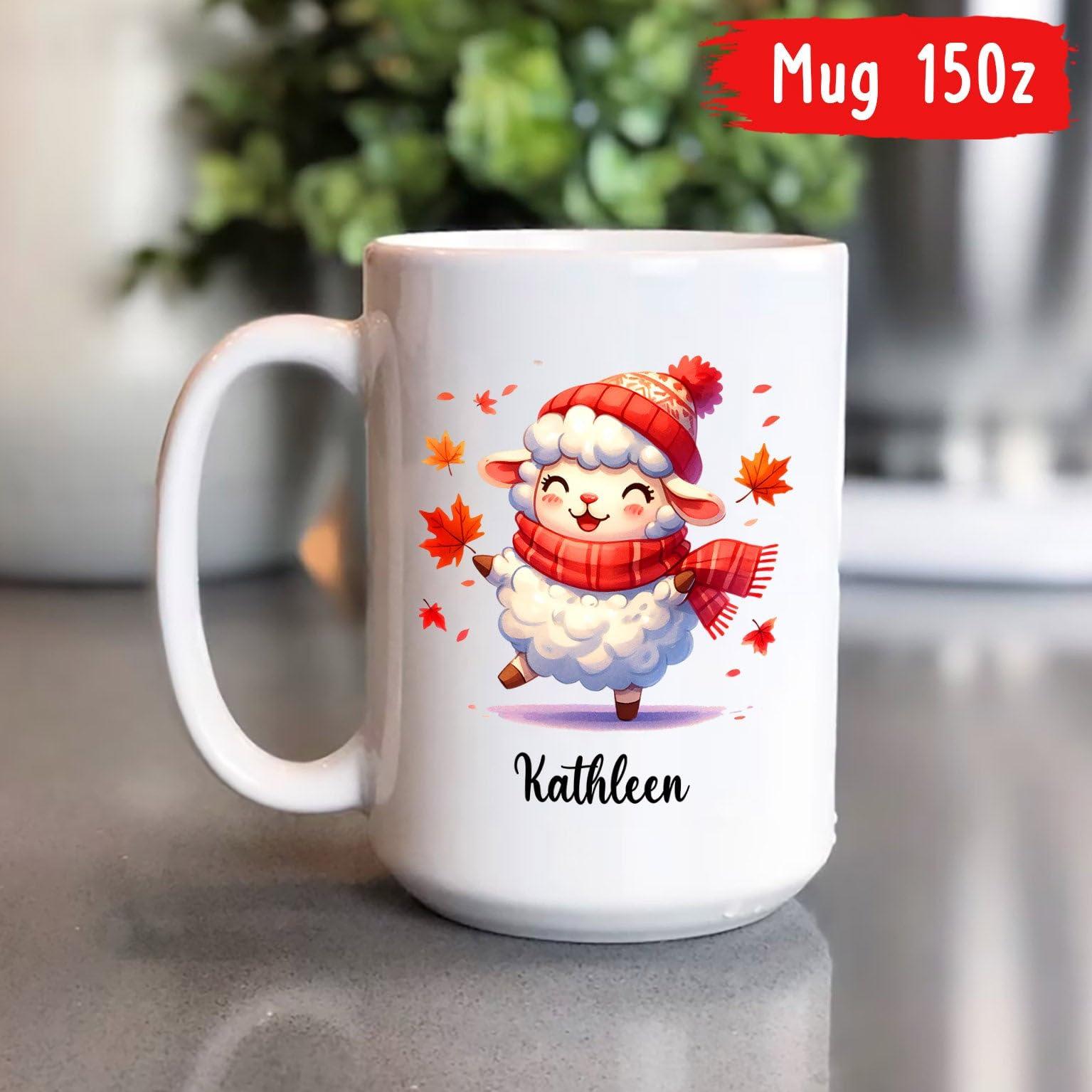 Cenluxy Baby Sheep Coffee Mug, Personalized Name Autumn Sheep Mug Gift, Sheep Animal Cup, Customized Sheep Ceramic Mug Gifts For Sheep Lovers Birthday, Cute Sheep Travel Mugs, Sheep White Tea Cup 11Oz 15Oz