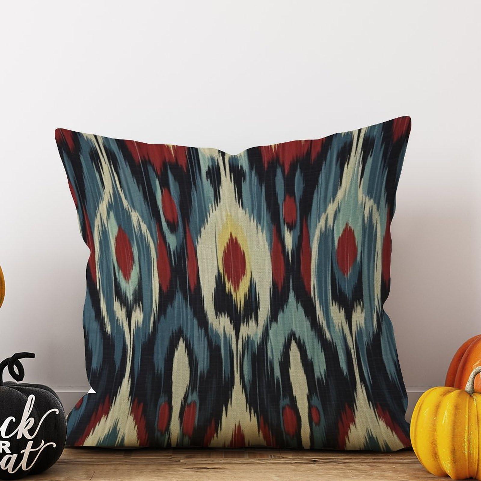 Zyadsinoudor Zyadsinoudor Asian Style Throw Pillow Case Blue Red Cream Ikat Cushion Cover Traditional Chinese 22x22in Decorative Pillow Home Cotton Linen Artistic Pillow Cover for Living Room Bedroom Chair Couch