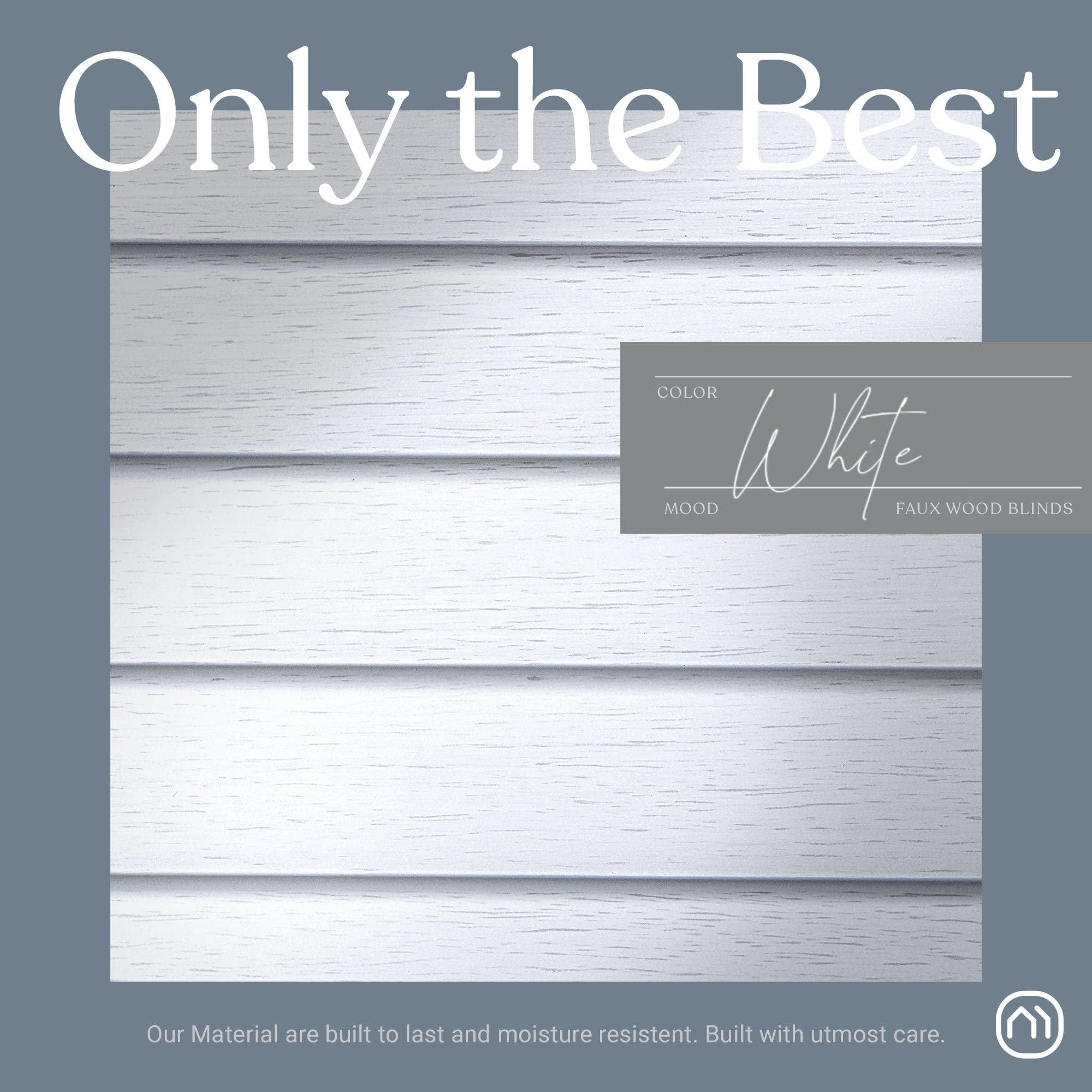 Mood MOOD Architectural Faux Wood Window Blinds | Driftwood Embossed 2 inch White Wooden Blinds | 23 inch Wide Blinds for Windows | Custom Made Cordless Blackout | White | 23" Wide x 72" Tall