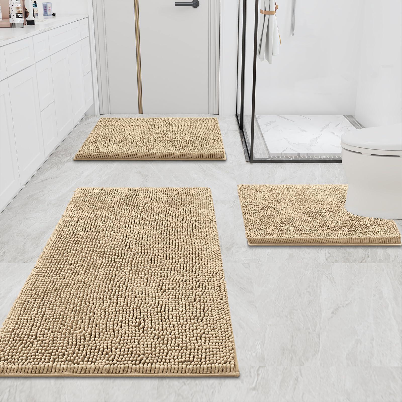 smiry Smiry Chenille Bathroom Rugs 36x24+24x16 and U-Shaped Toilet Bath Rugs 24x20, Extra Soft and Absorbent Shaggy Bath Mat, Machine Washable, Non-Slip Plush Carpet, Beige