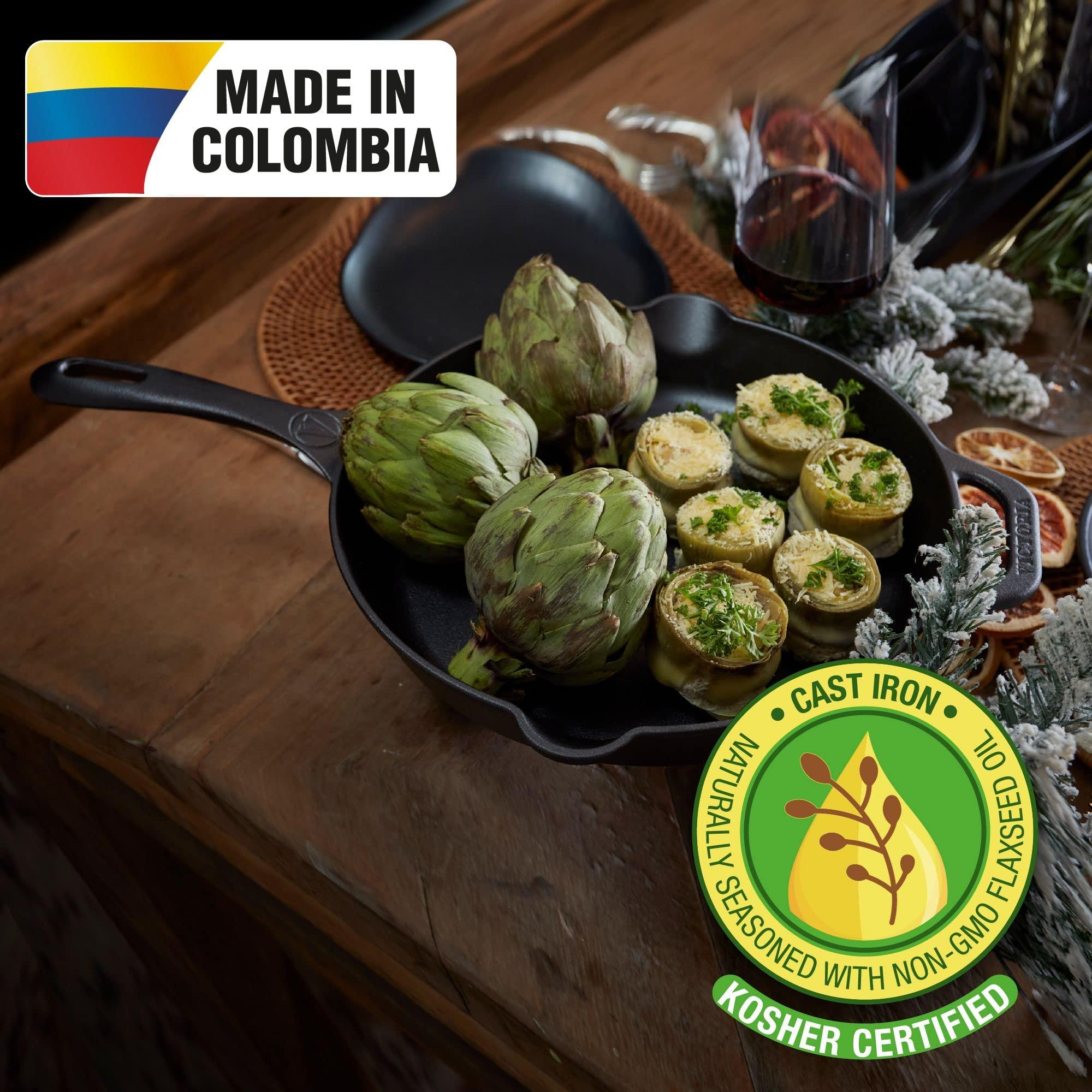 Victoria Victoria Cast Iron Skillet Large Frying Pan with Helper Handle Seasoned with 100% Kosher Certified Non-GMO Flaxseed Oil, 12 Inch, Black