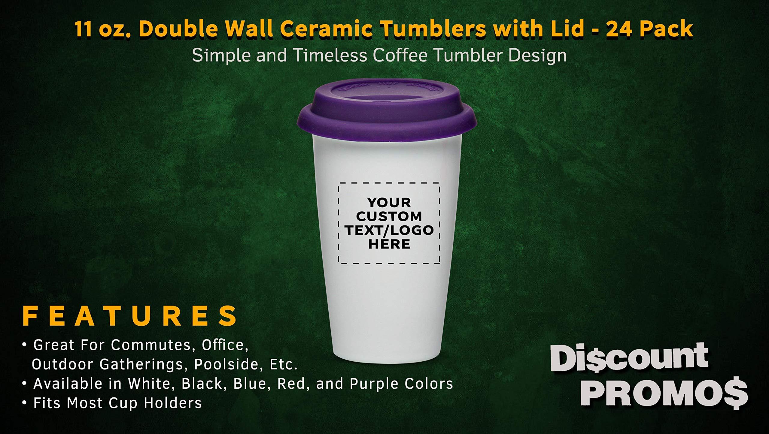 DISCOUNT PROMOS Personalized 11 oz. Double Wall Ceramic Tumblers with Lid - 24 Pack - Custom Text, Logo - Purple