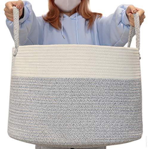 Wangger XXL Extra Large Cotton Rope Basket, 20\" x 13\" Throw Blanket Storage Basket with Handles, Decorative Blanket Basket for Living Room, Pillows, Toys or Laundry
