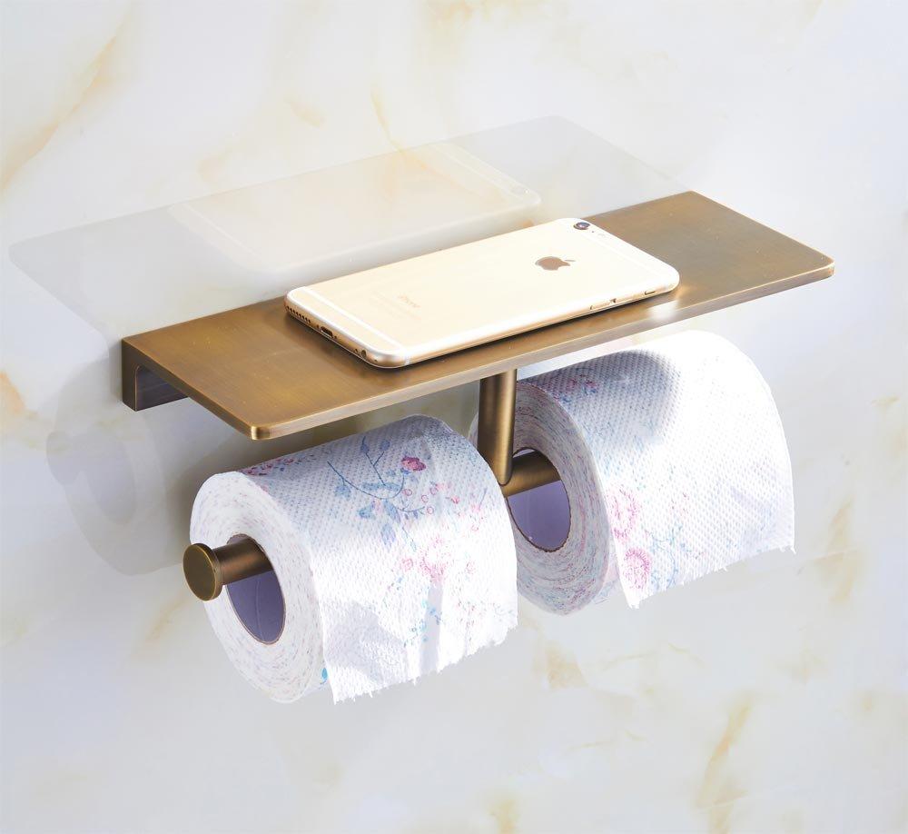 SANLIV Sanliv Toilet Paper Holder,Brushed Bronze Double Toilet Paper Roll Holder with Storage Shelf,Wall Mounted Brass Toliet Tissue Dispenser for Home and Hotel Bathrooms