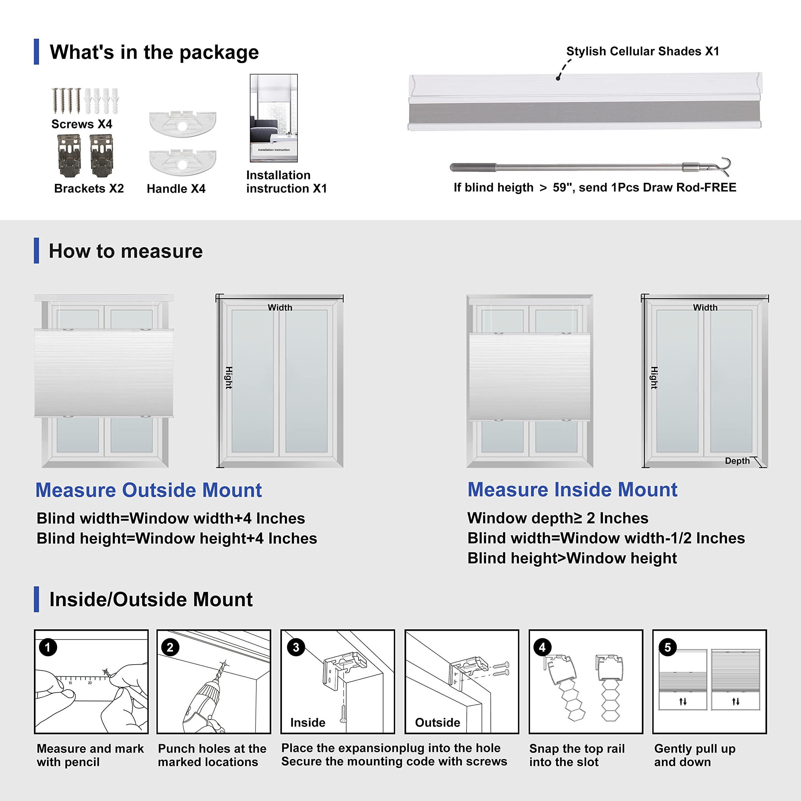 Boolegon Boolegon Top Down Bottom Up Cellular Shades for Windows Cordless Blackout Honeycomb Blinds Custom Cut to Size, Deep Blue, 46" W x 44" H