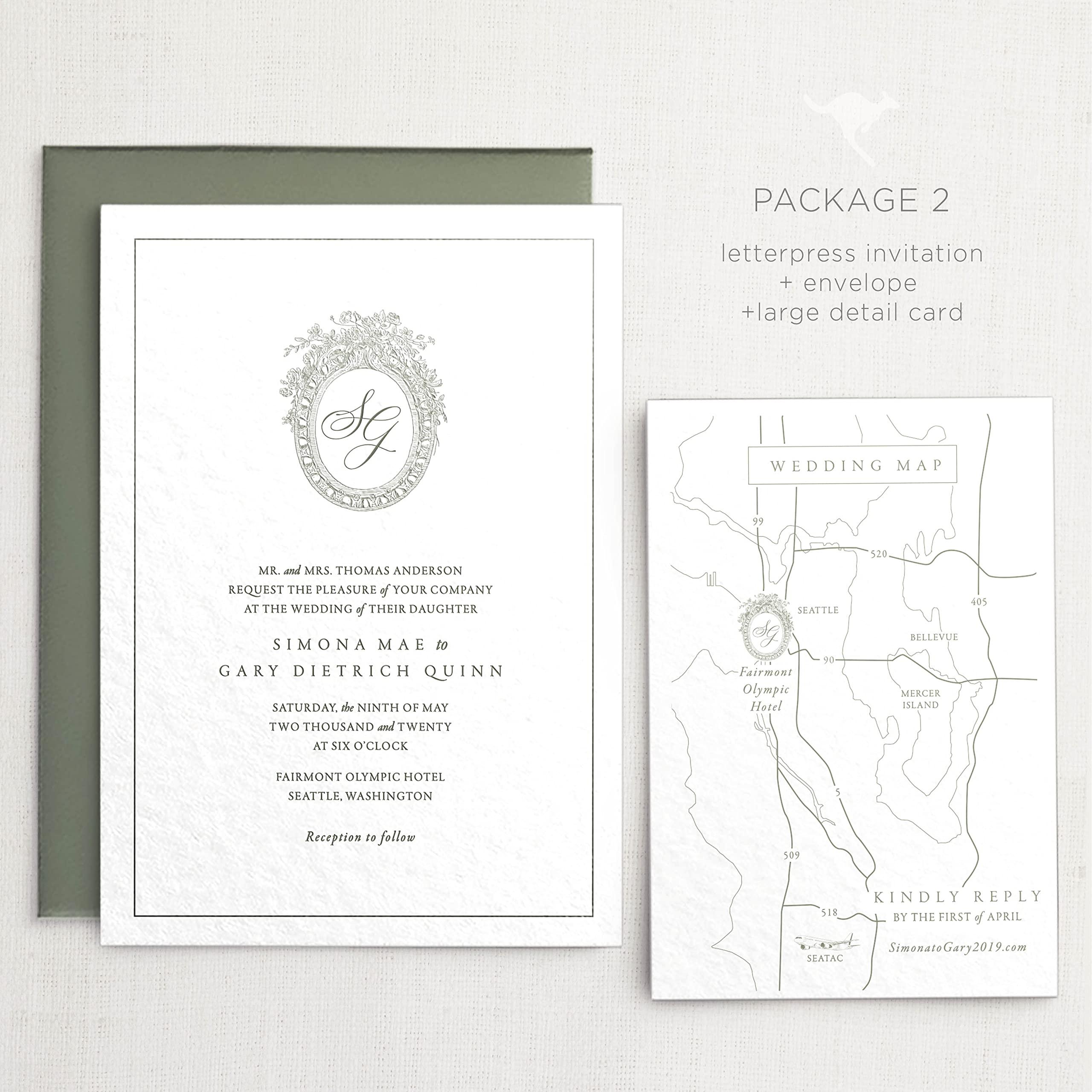 marsupial papers Letterpress Wedding Invitations | Customizable Elegant, Floral, Custom Printed | Simona Wedding Invitation with RSVP Envelopes Details Cards (Set of 150, Package 3)
