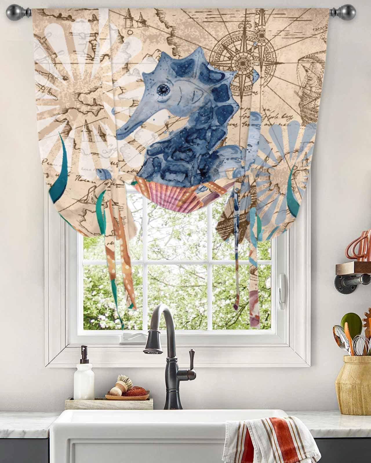 Chic D Tie Up Balloon Valance Curtain for Kitchen, Seahorse Starfish Seaweed Roman Shade for Windows Thermal Insulated Rod Pocket Short Curtain Panel for Camper RV Basement Small Window 52x63in