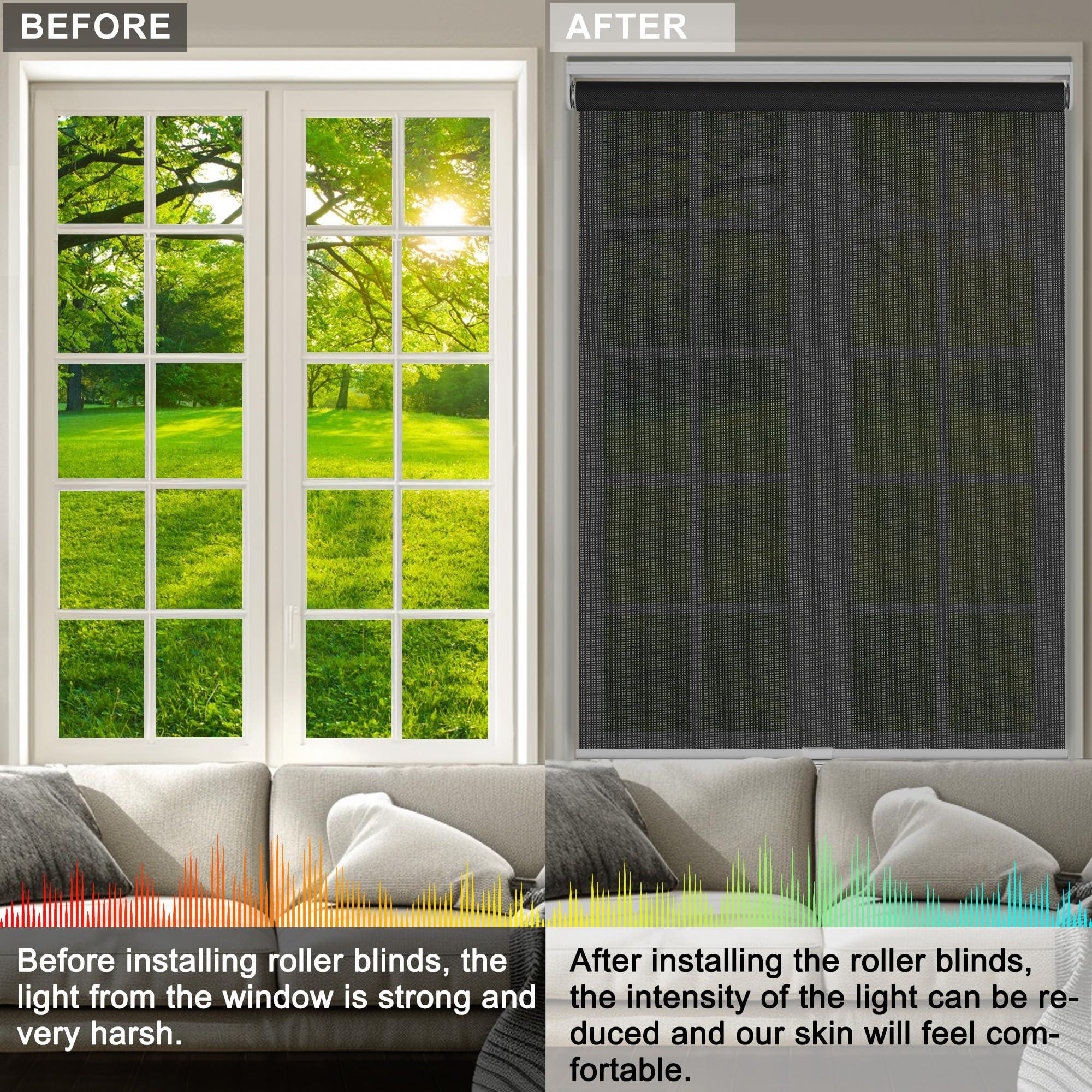 Sulugood Sulugood Light Filtering Roller Shades for Window 5% Openness Cordless Roller Blinds Solar Shades,UV Protection Fabric,Easy Installation Shades for Home, Hotel, Office,Black.54 W x 36" H