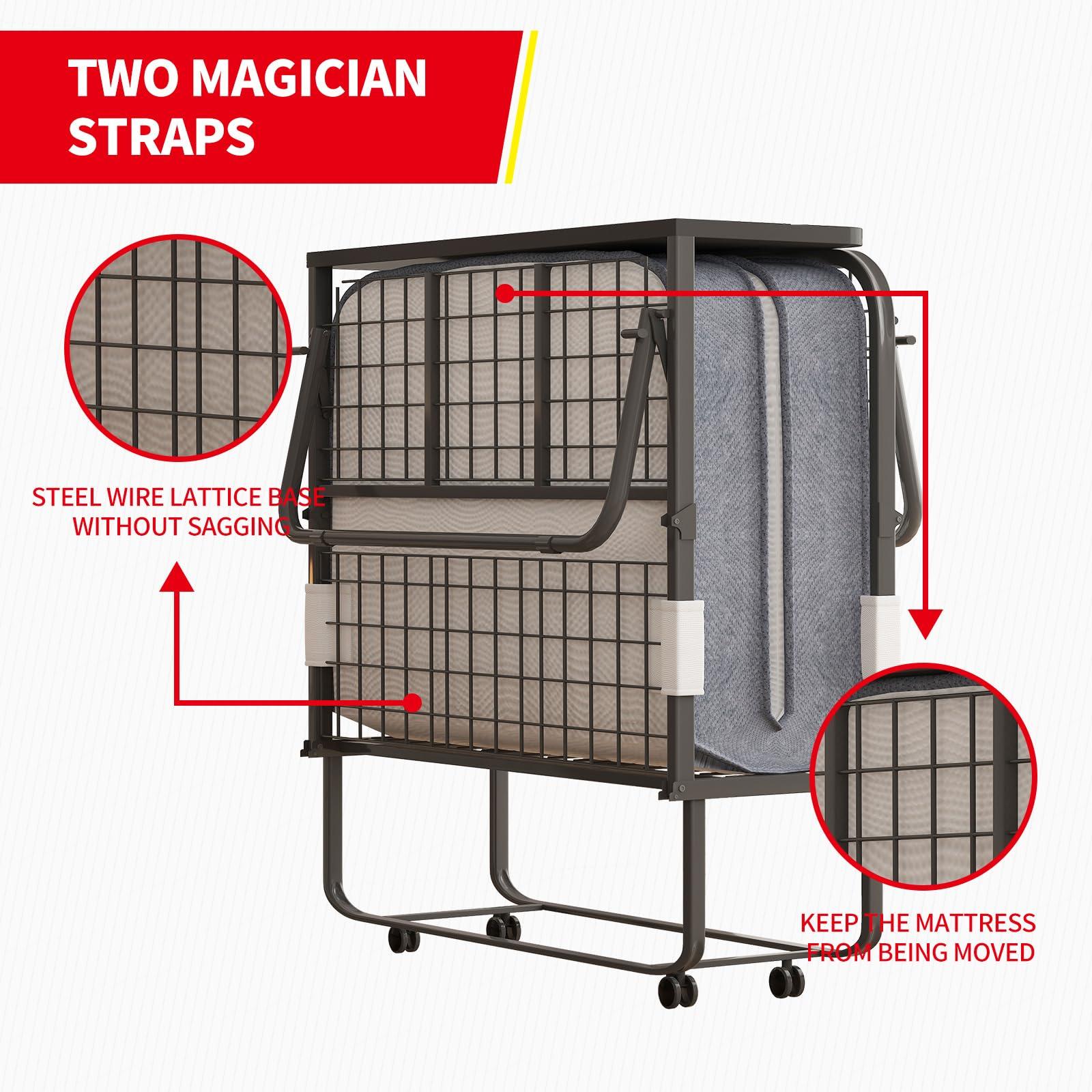 PUREMIND PUREMIND Folding Bed with 5 Inches Mattress, Upgrade Rollaway Bed for Adults with Dustproof Bag & Head Baffle, Single Portable Foldable Bed Fold Up Guest Bed with Metal Frame & Swivel Wheels