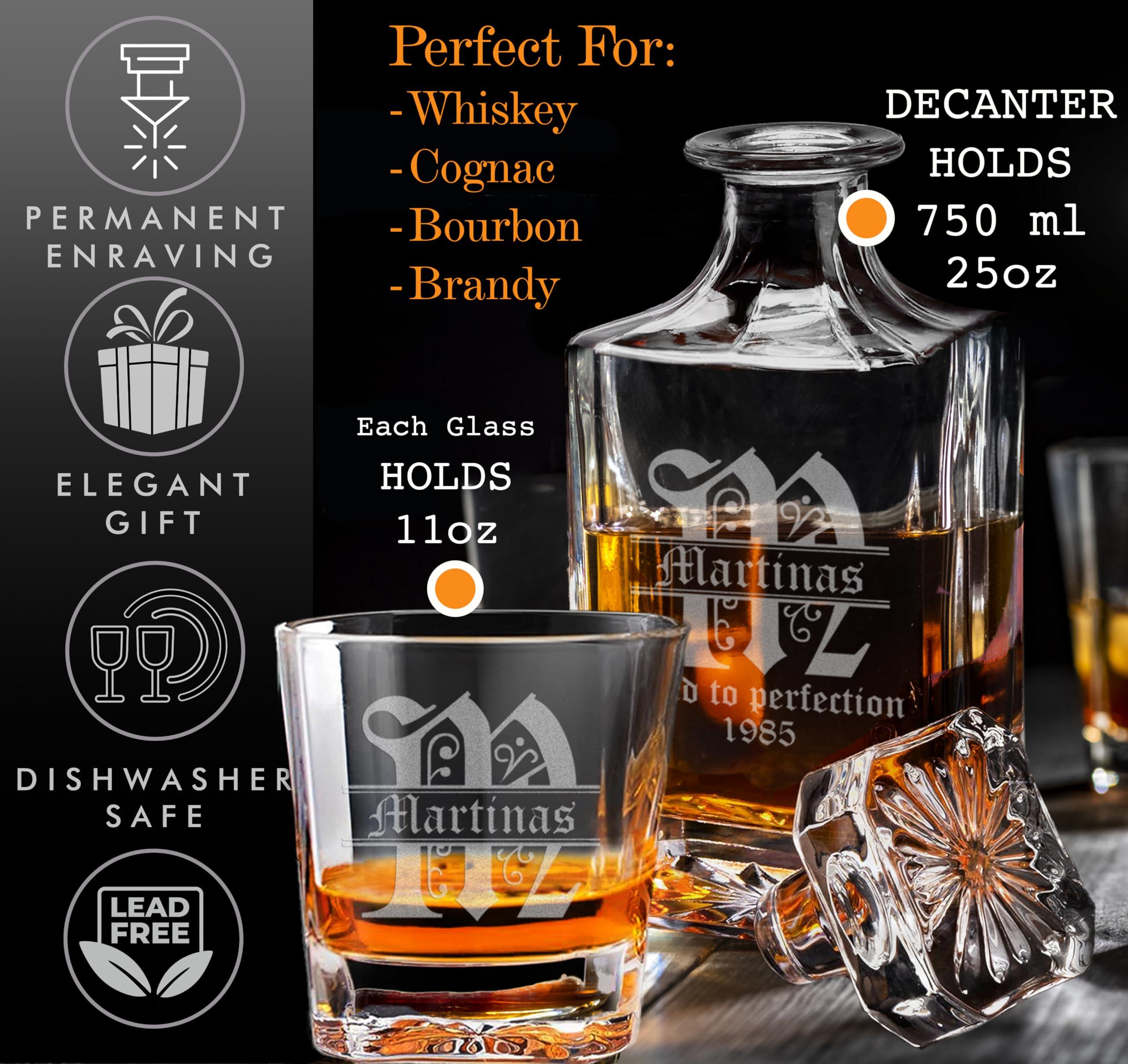EZ CUSTOM GIFT Personalized Whiskey Decanter Set - Custom Liquor Decanter and 4 Glasses Gift Set - Engraved Whiskey Decanter Sets for Men, Anniversary Wedding Birthday Gifts for Father Husband (Design 7)