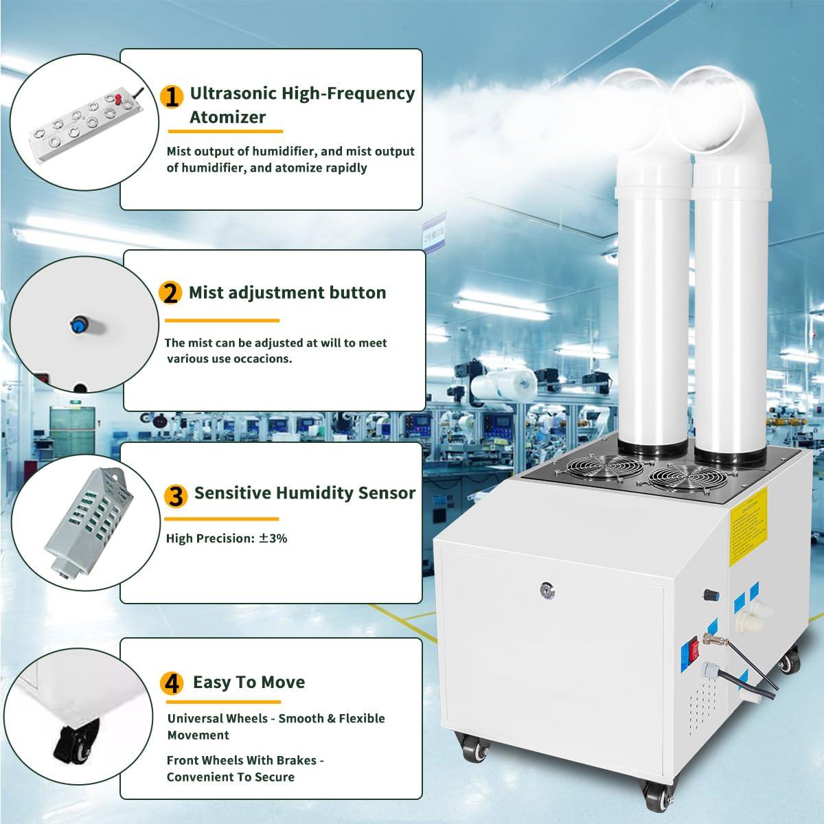 Zhipurul Ultrasonic Industrial Humidifier Stainless Steel Commercial Humidifier Sprayer 14kg/h Large Volume Automatic Mist Cooling Device for Plants Grow Room, Workshop, Warehouse, Agriculture