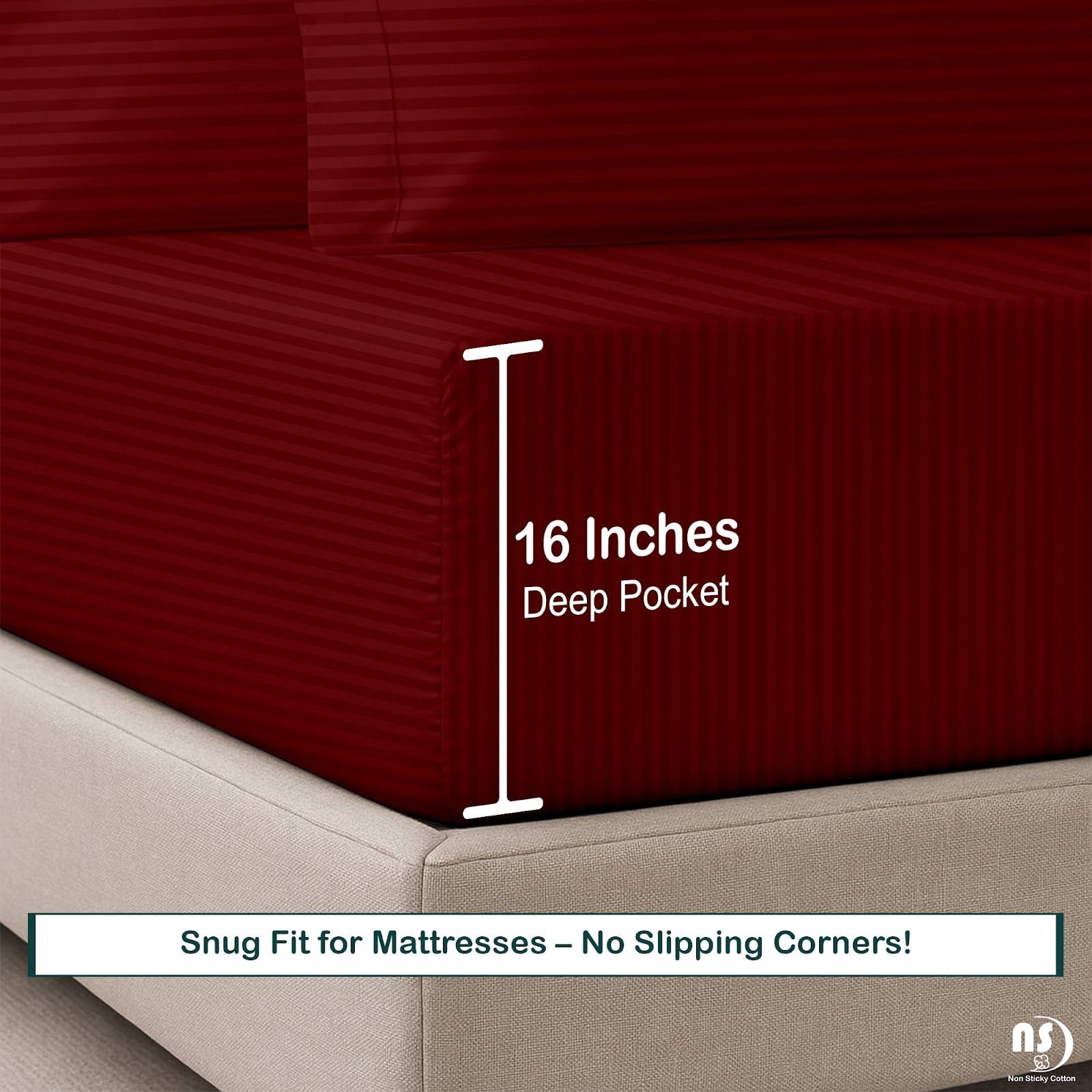 NON Sticky cotton Queen Size Sheet Set - 6 Piece Set - 400-Thread-Count 100% Egyptian Cotton Bed Sheets - Deep Pockets - Easy Fit - Bed Sheets Queen Size Set - Burgundy Stripe Bed Sheets - Queens Sheets - 6 PC