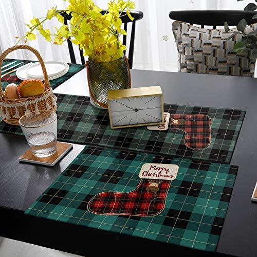 QueenKer Christmas Table Runner Placemats Set of 6 Xmas Reindeer Green Red Black Buffalo Plaid 90 Inches Long Table Place Mats for Holiday Kitchen Dining Wedding Farmhouse Party Home Decoration
