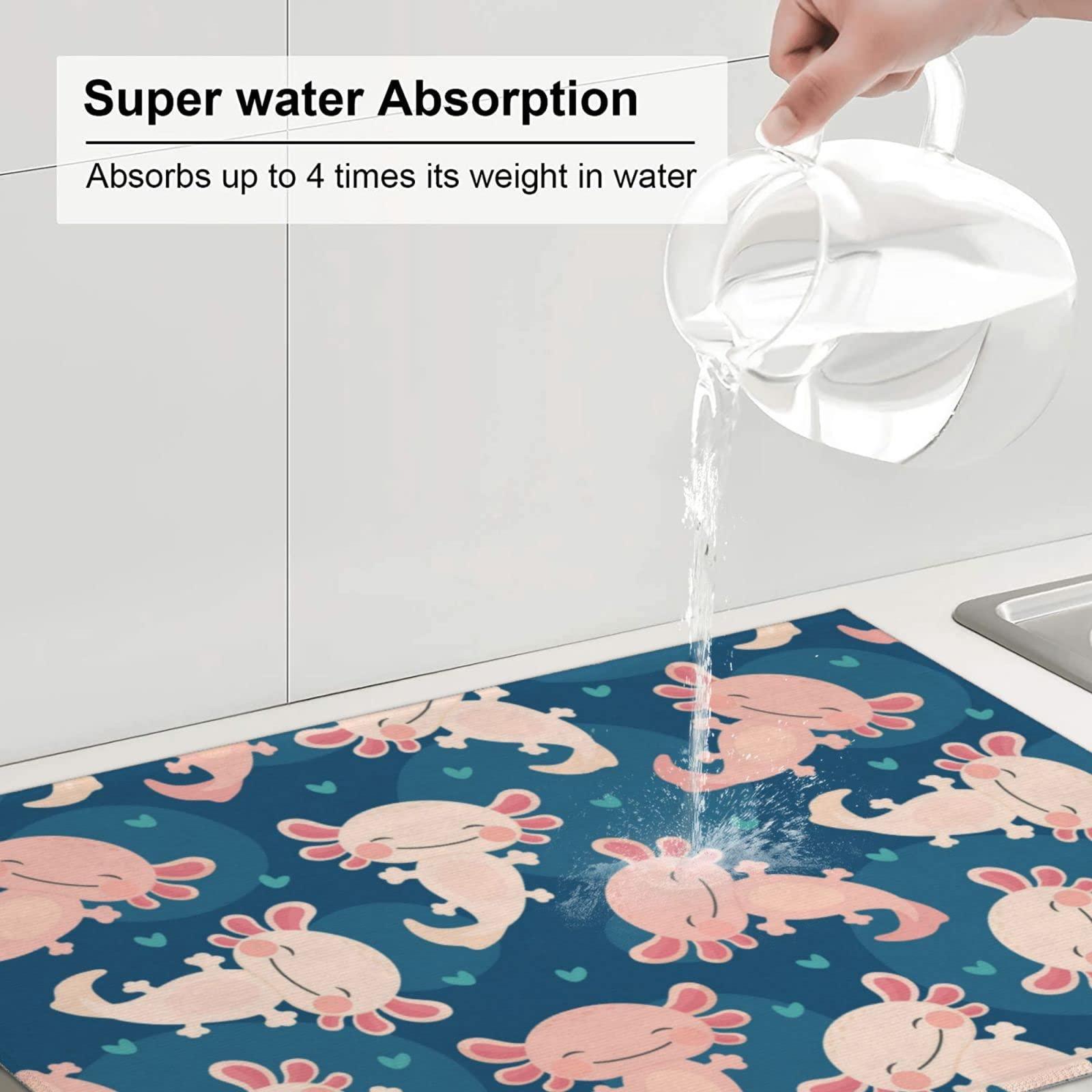 FINOWIN Dish Drying Mat for Kitchen Counter, 18x24 Inch Baby Axolotl Kawaii Dish Drainer Mat, Absorbent Reversible Microfiber XL Dish Drying Rack Pad for Kitchen Accessories