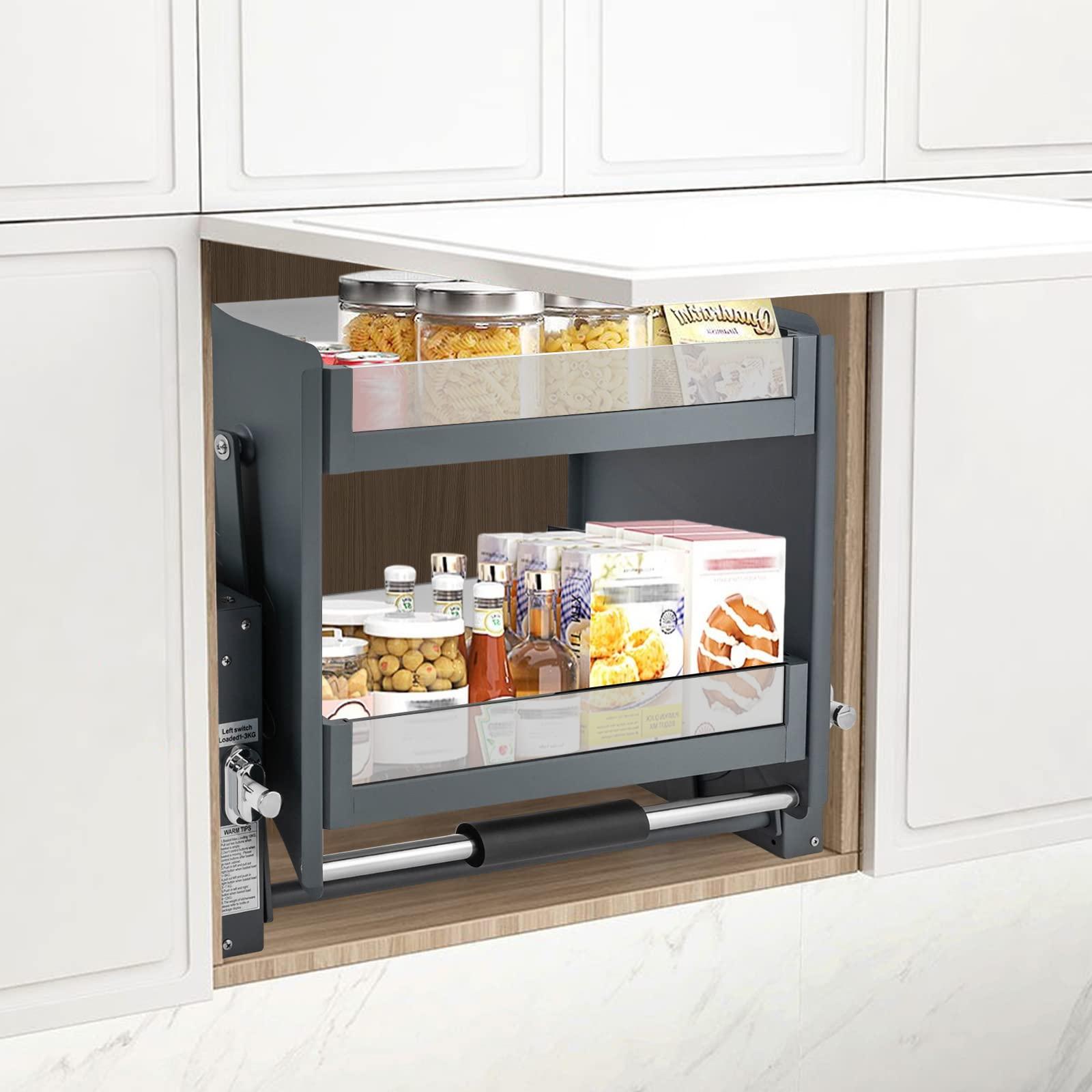 SanBouSi 2-Tier Pull Down Kitchen Cabinet Organizer, Heavy Duty Drop Down Shelf Blind Pull-Down Dish and Spice Rack System Inner Space Saving High Cabinet Pull Down Shelf for Kitchen Base Cabinet Organization