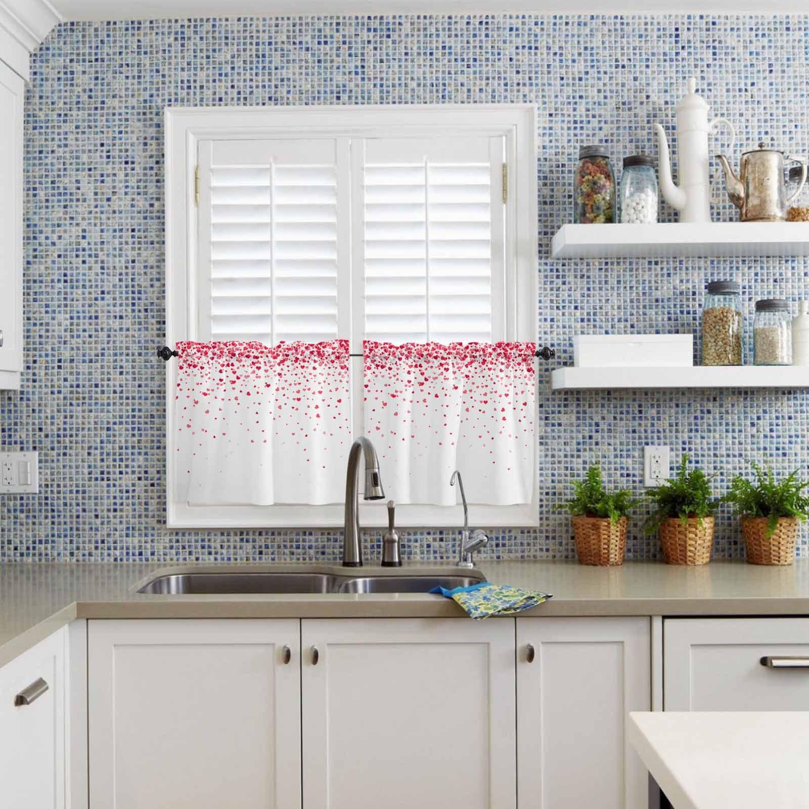 Jolunifun Jolunifun Valentine's Day Kitchen Curtain 24 Inch Length Small Short Cafe Tiers Curtains Drape, 2 Panel Window Treatment Rod Pocket Drapery Panels Curtains, Red Sweeping Love Heart Simple White 55x24