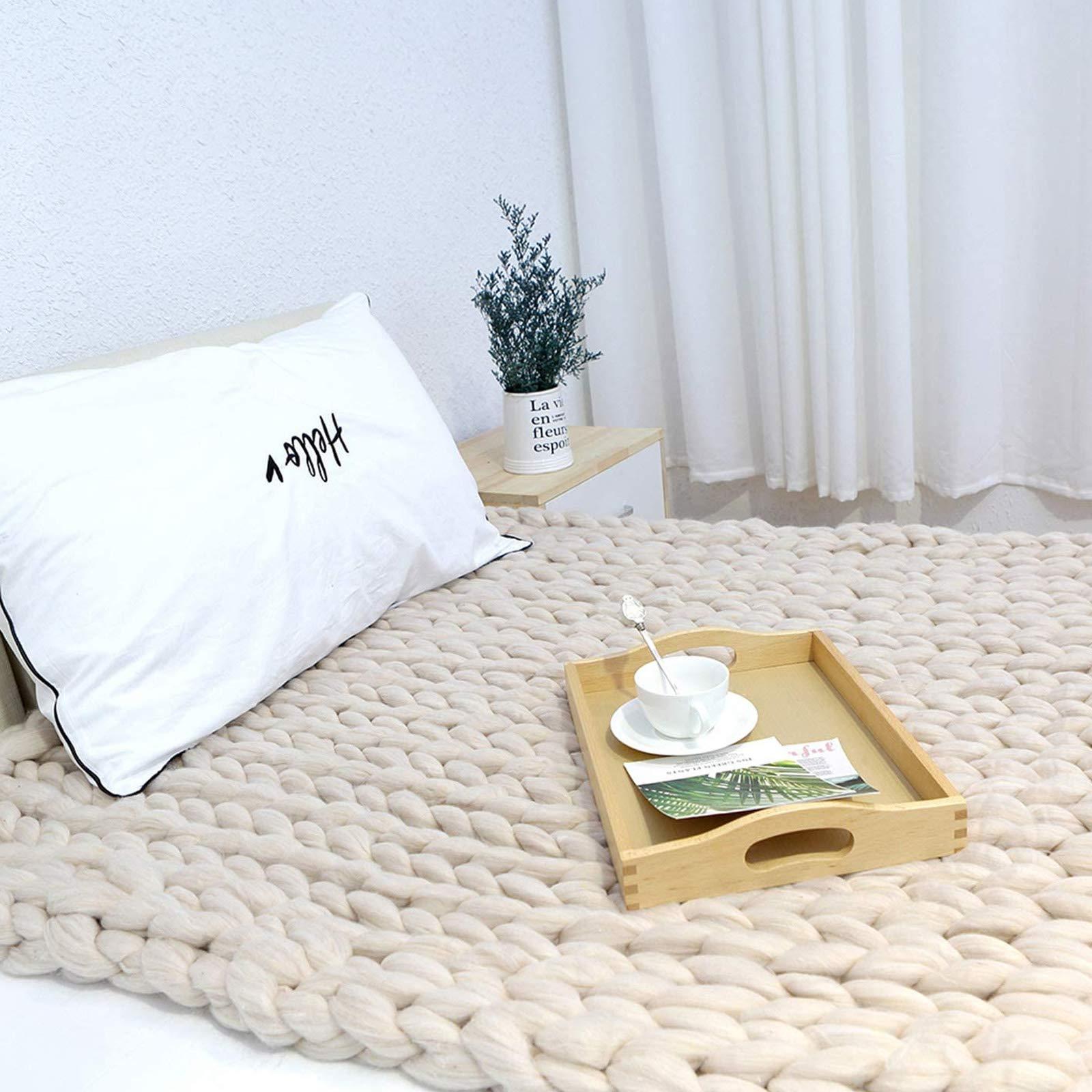 BWBG Chunky Knit Blanket Beige, Synthetic Wool Luxury Throw Knitted Blanket for Cuddling Up in Bed, Cozy Handmade Bulky Bed Sofa Chair Mat for Home Decor-80x80in